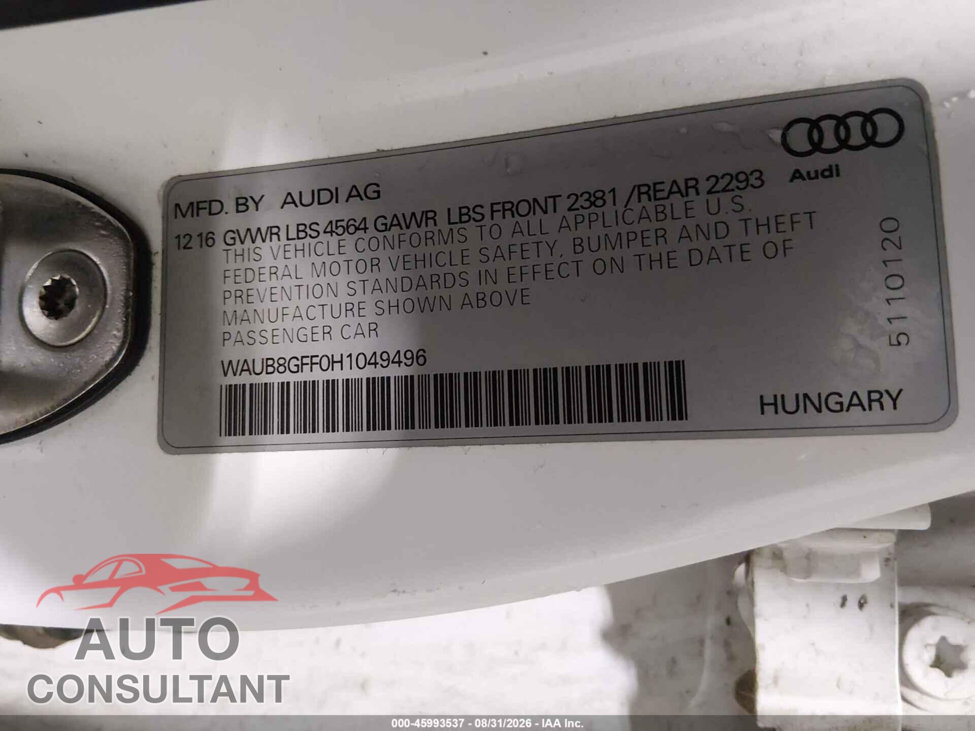 AUDI A3 2017 - WAUB8GFF0H1049496