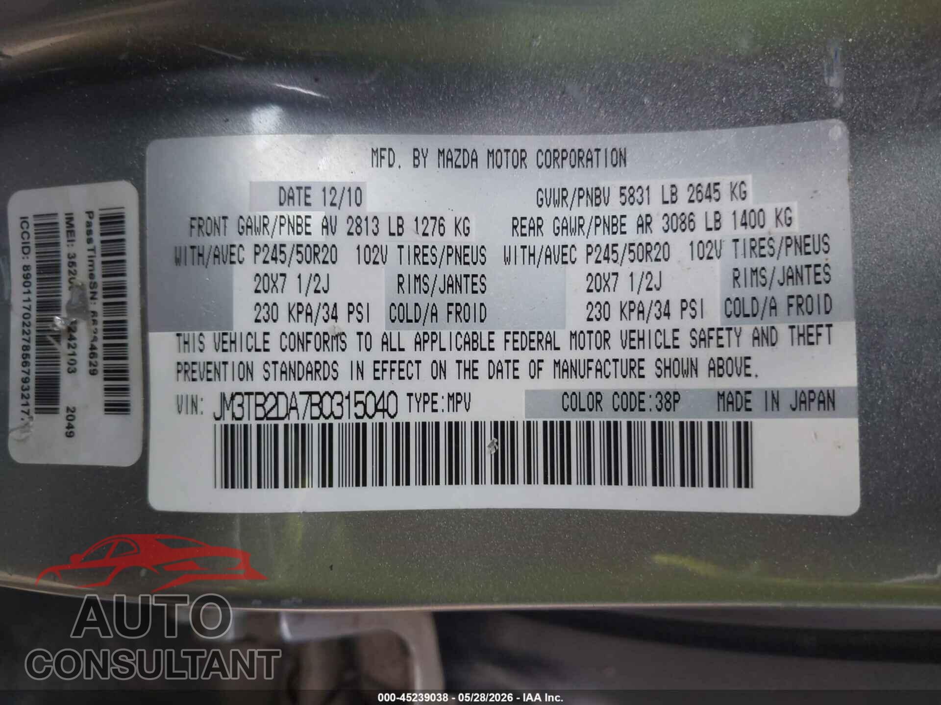 MAZDA CX-9 2011 - JM3TB2DA7B0315040