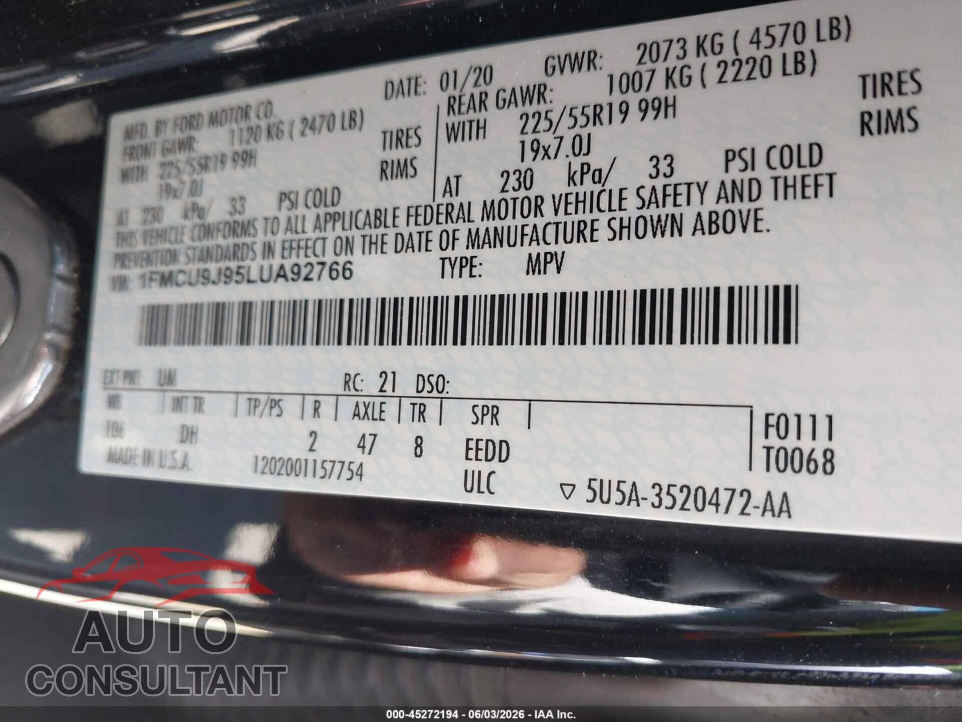 FORD ESCAPE 2020 - 1FMCU9J95LUA92766