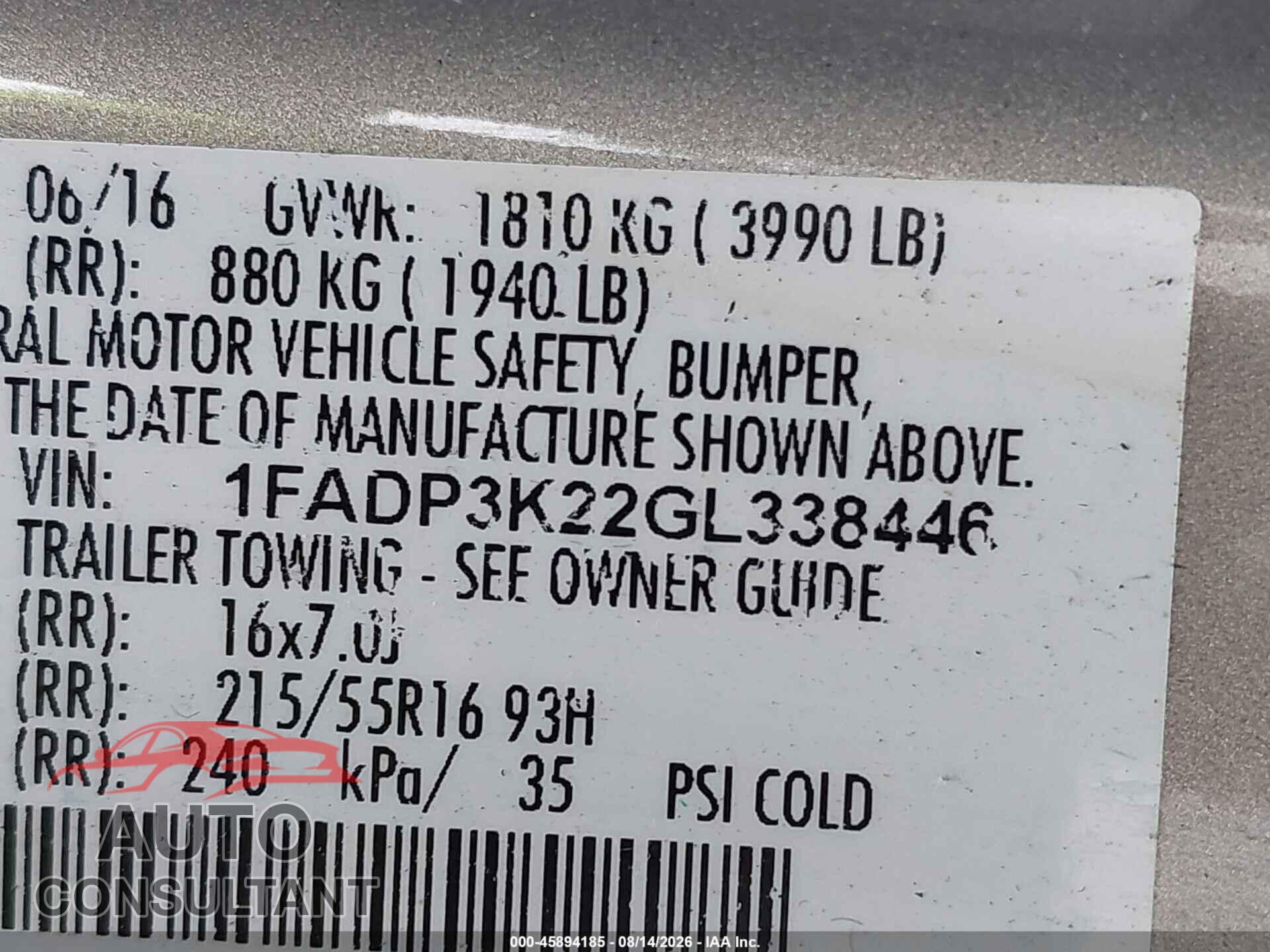 FORD FOCUS 2016 - 1FADP3K22GL338446