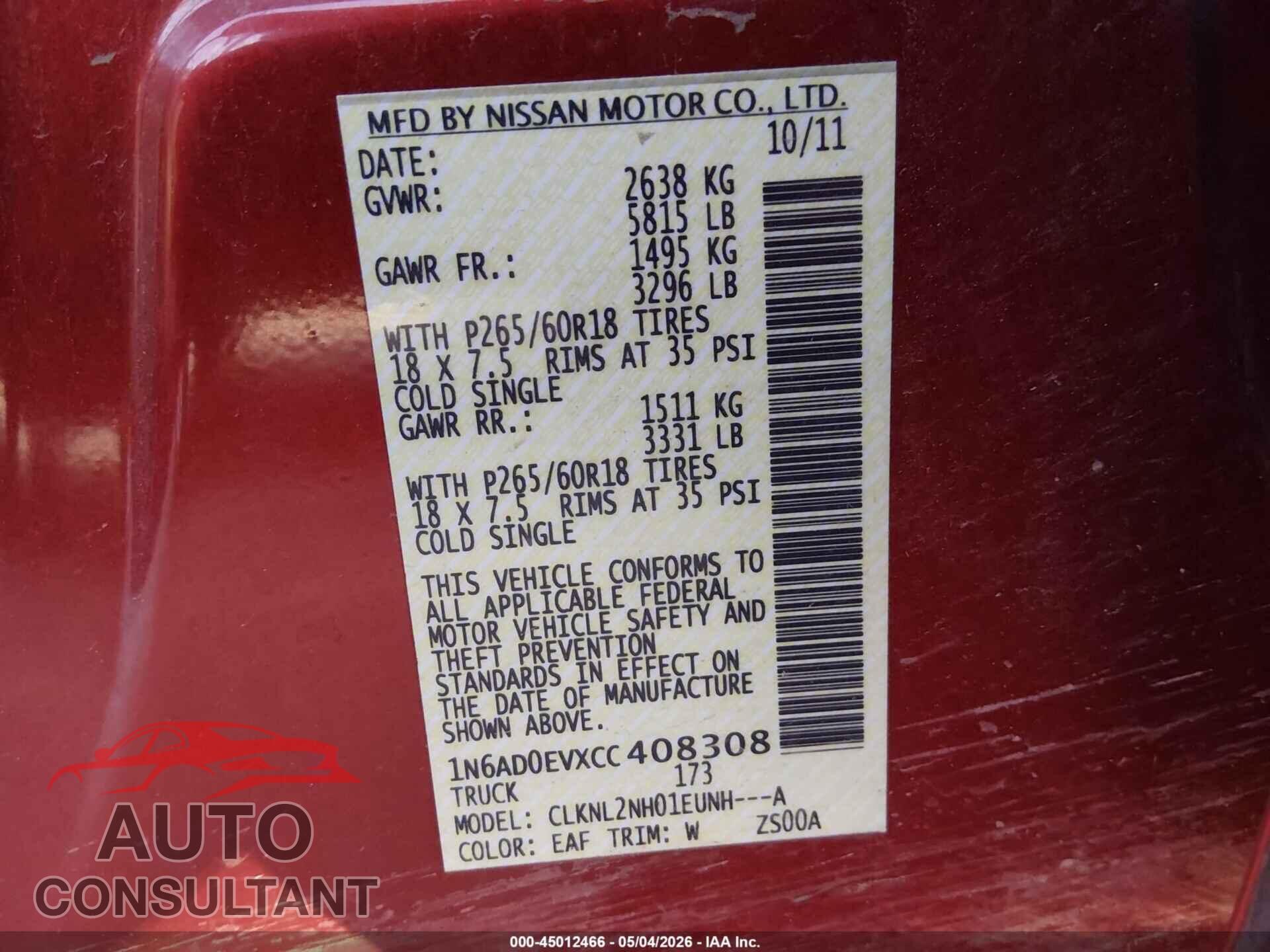NISSAN FRONTIER 2012 - 1N6AD0EVXCC408308