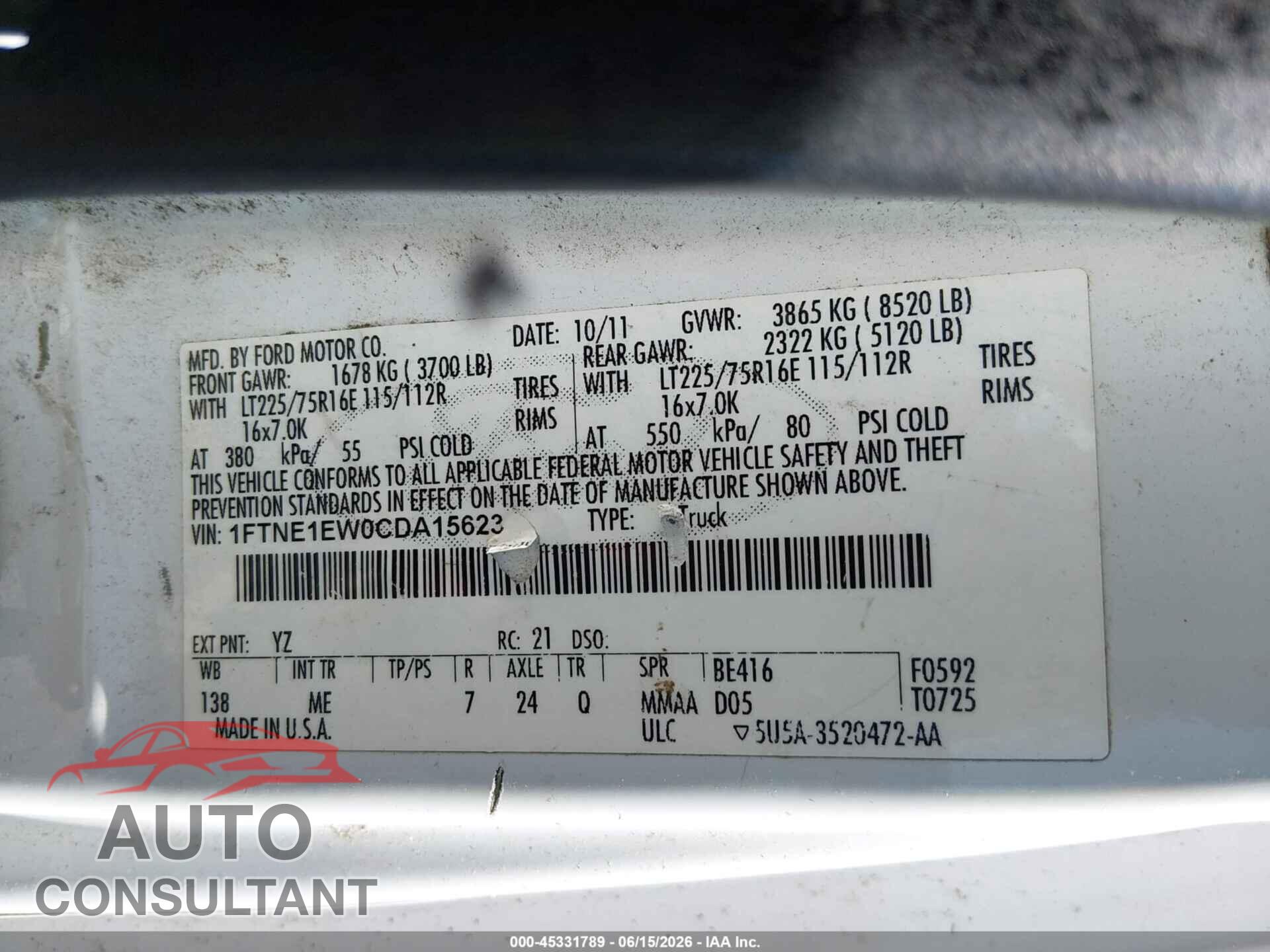 FORD E-150 2012 - 1FTNE1EW0CDA15623