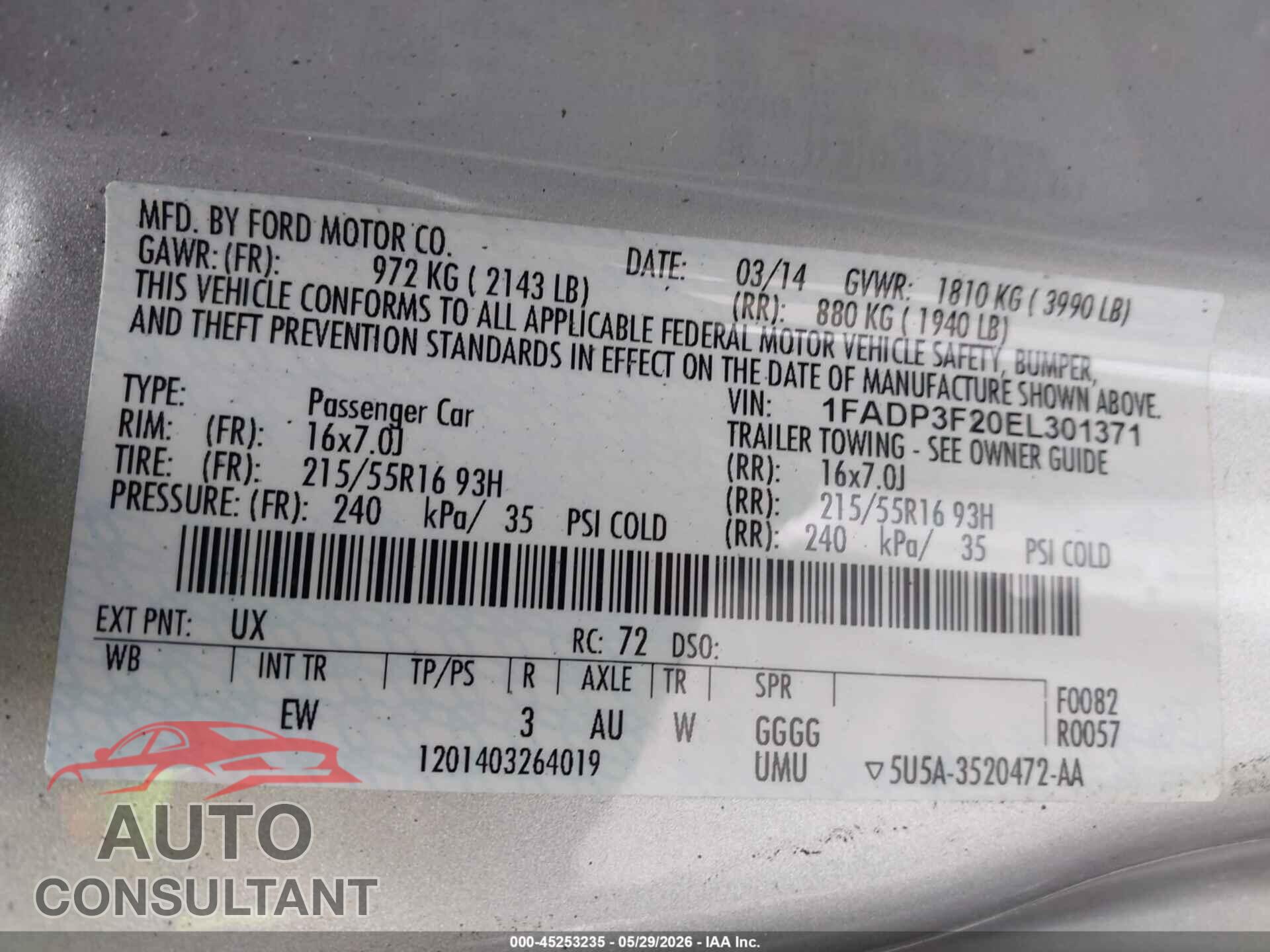 FORD FOCUS 2014 - 1FADP3F20EL301371