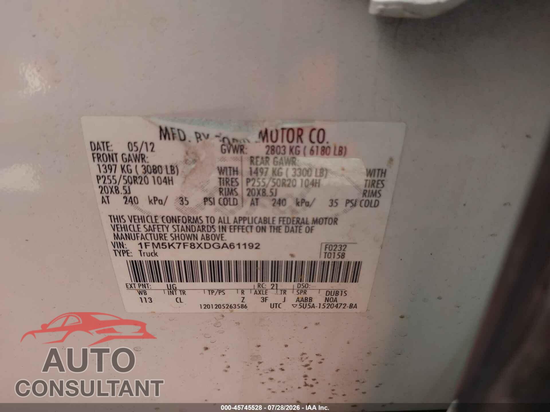 FORD EXPLORER 2013 - 1FM5K7F8XDGA61192