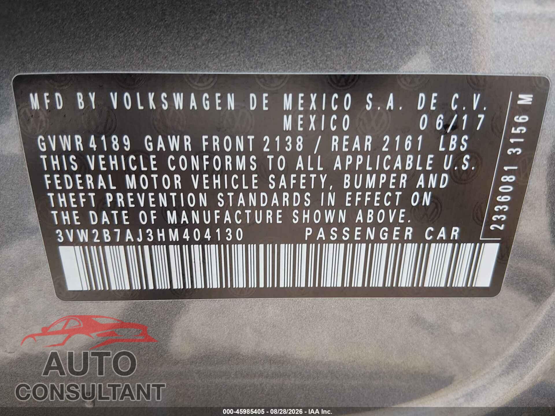 VOLKSWAGEN JETTA 2017 - 3VW2B7AJ3HM404130