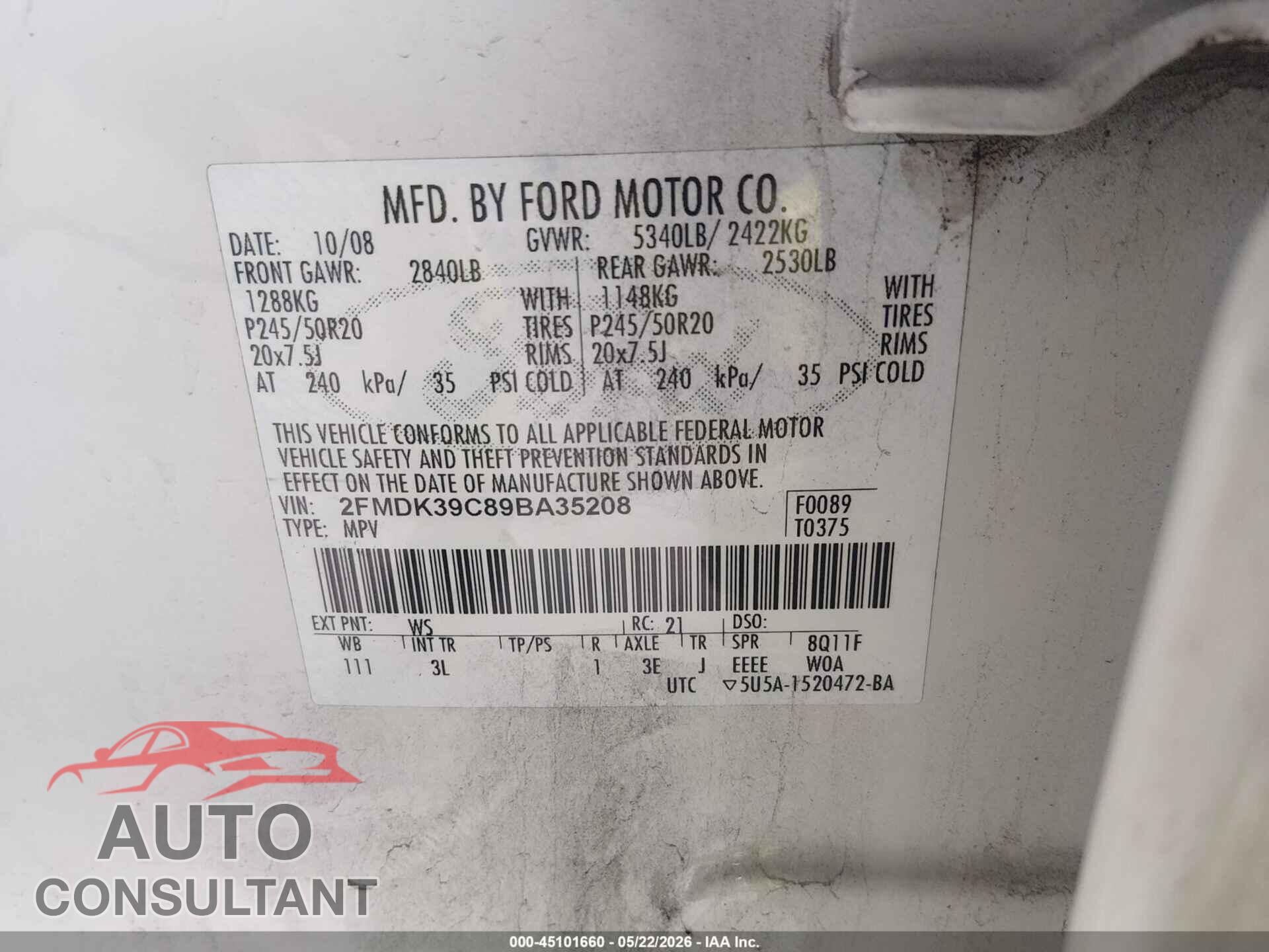 FORD EDGE 2009 - 2FMDK39C89BA35208