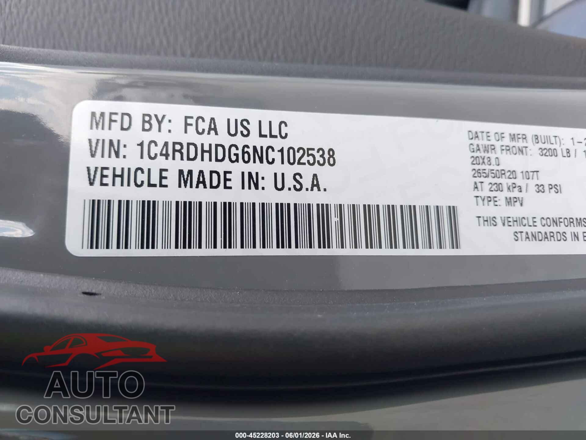 DODGE DURANGO 2022 - 1C4RDHDG6NC102538