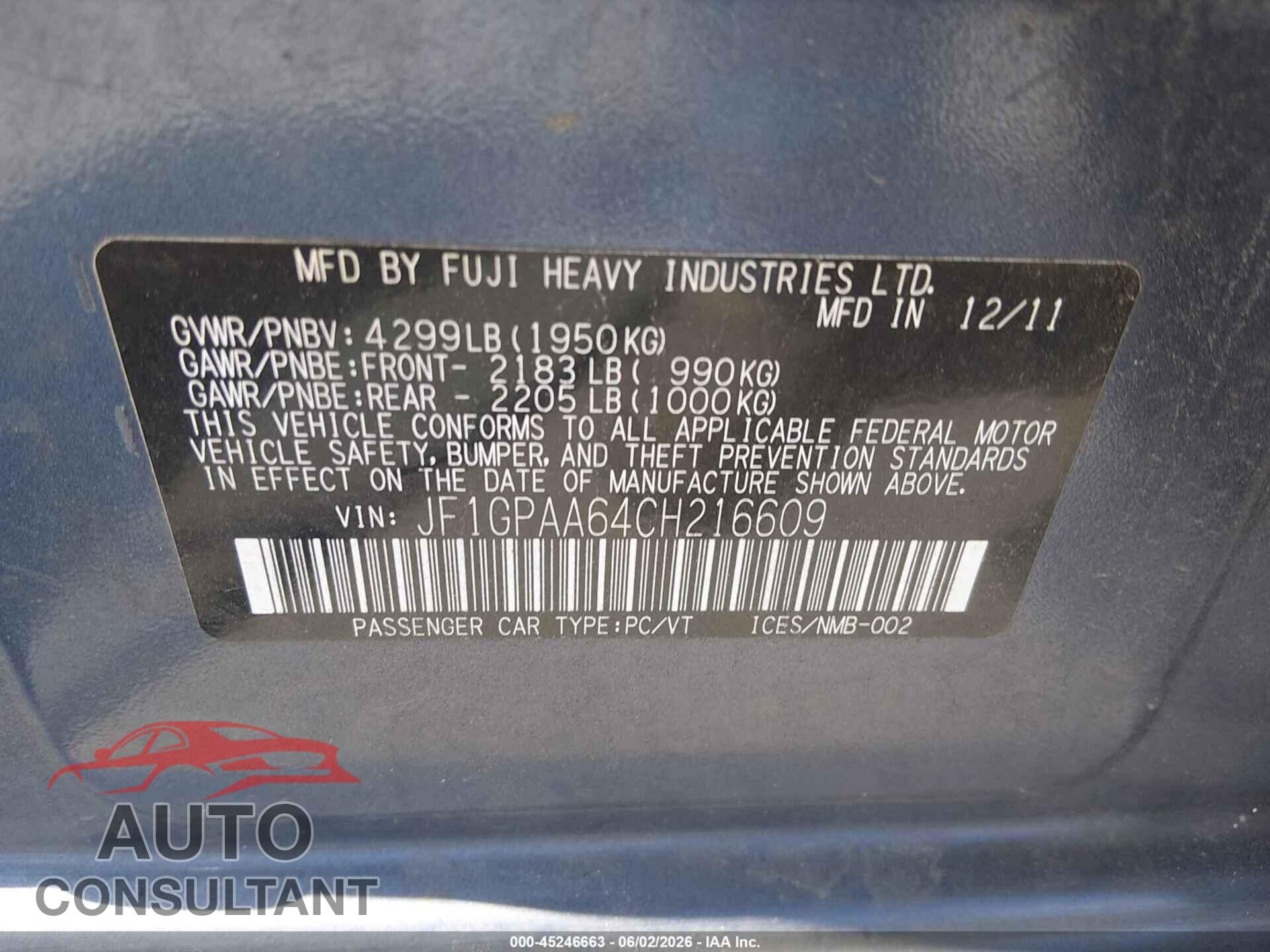SUBARU IMPREZA 2012 - JF1GPAA64CH216609