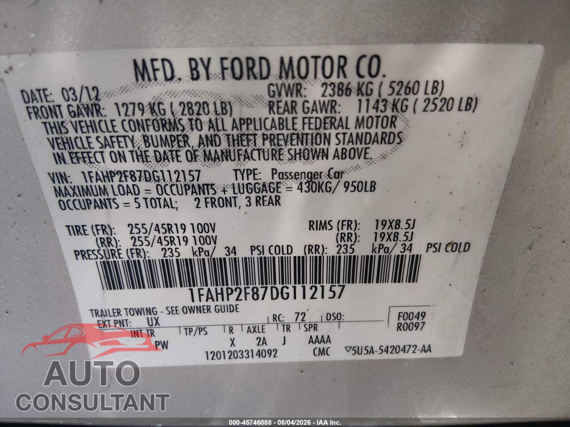 FORD TAURUS 2013 - 1FAHP2F87DG112157