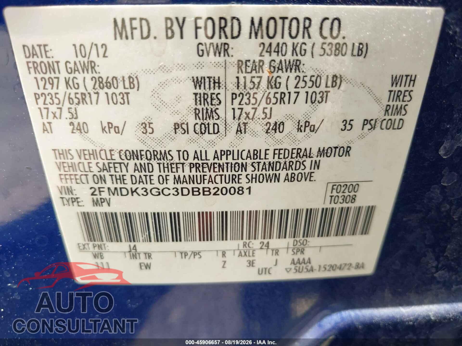 FORD EDGE 2013 - 2FMDK3GC3DBB20081