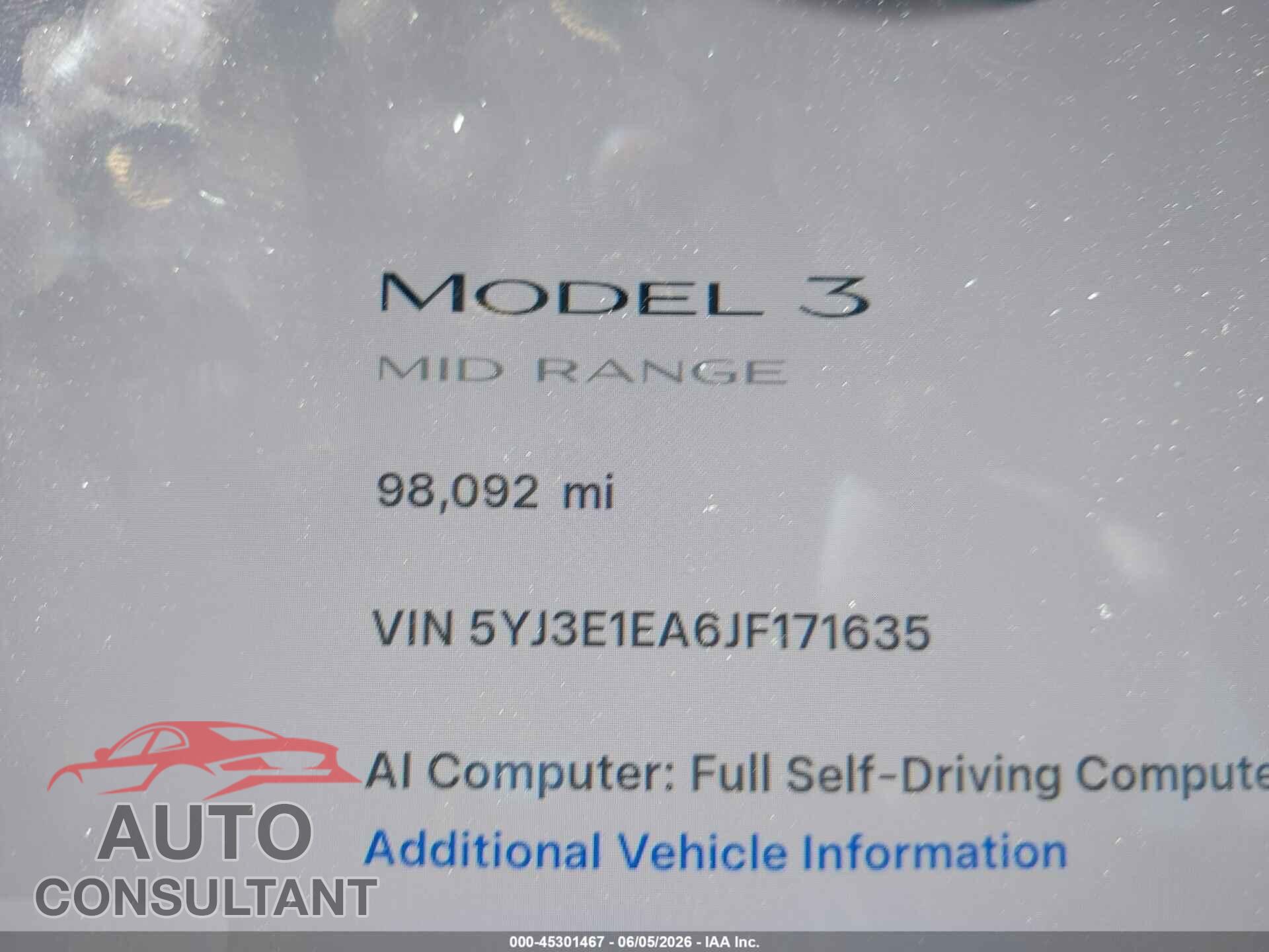 TESLA MODEL 3 2018 - 5YJ3E1EA6JF171635