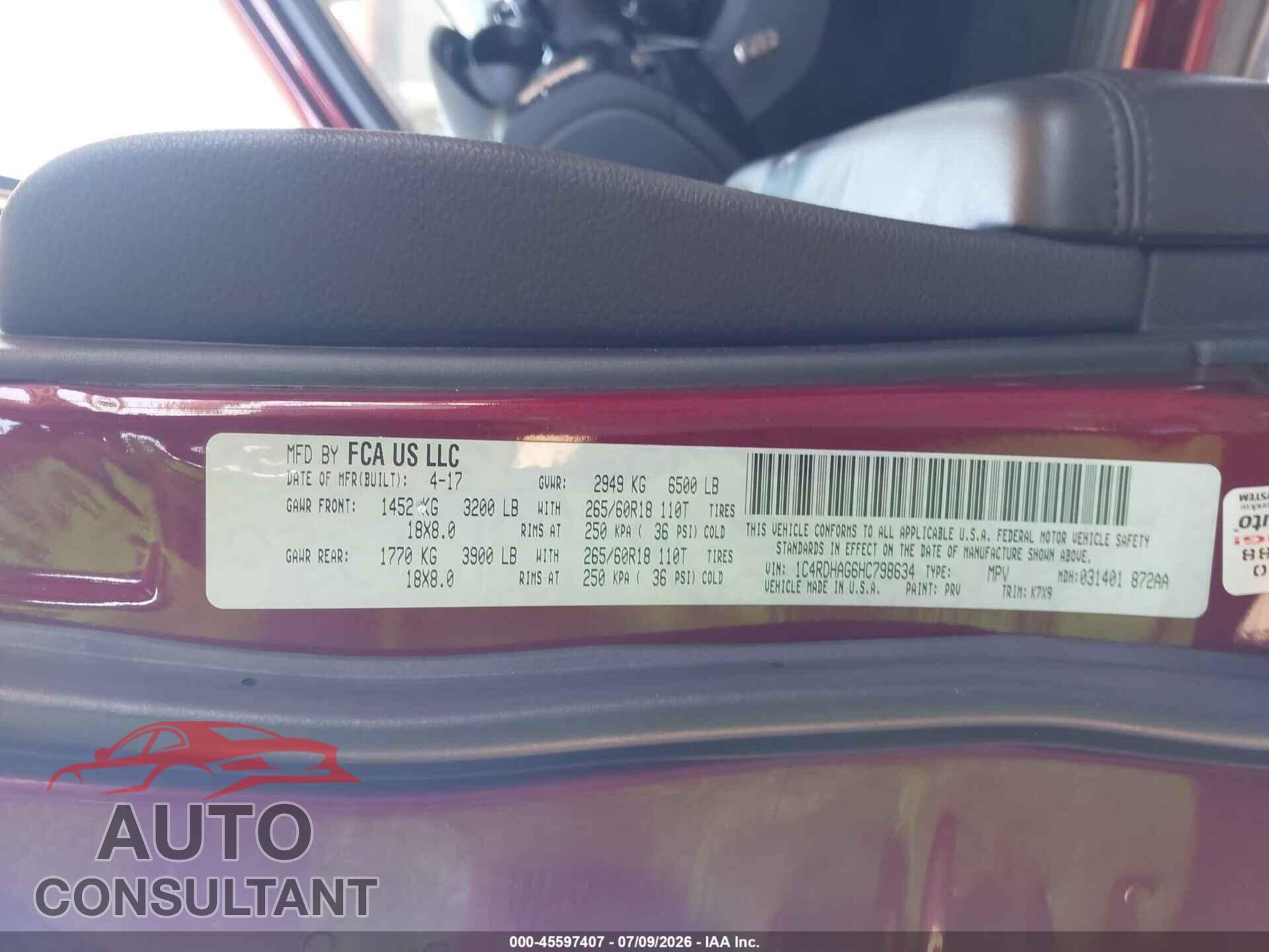 DODGE DURANGO 2017 - 1C4RDHAG6HC798634