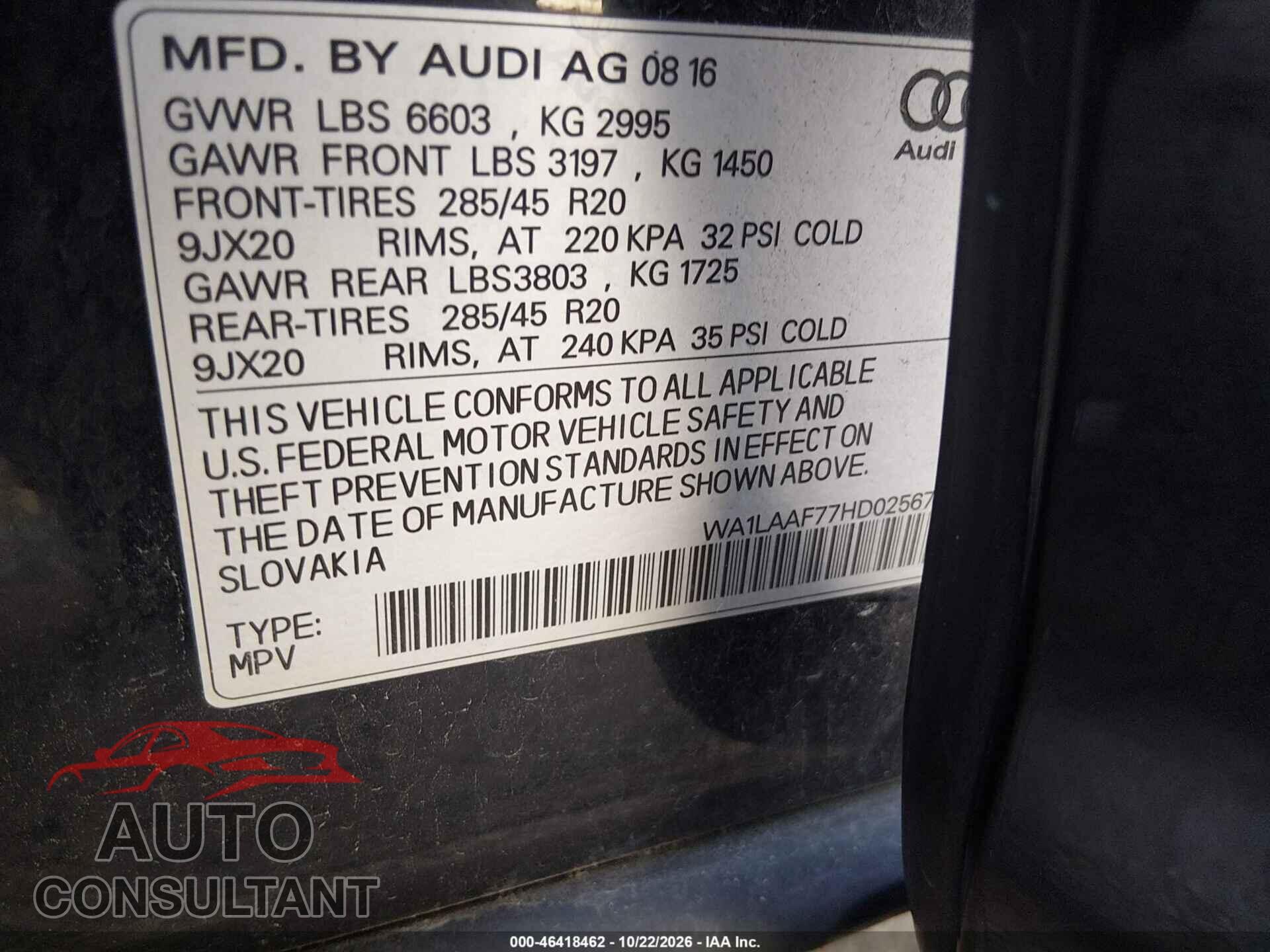 AUDI Q7 2017 - WA1LAAF77HD025674