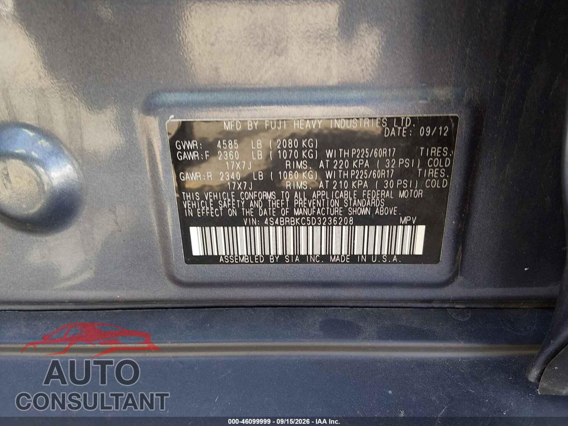 SUBARU OUTBACK 2013 - 4S4BRBKC5D3236208