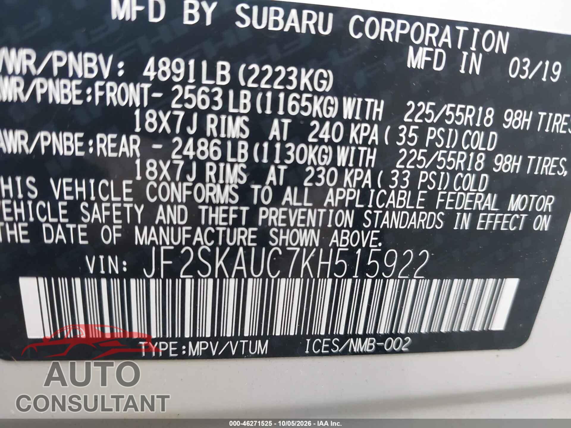 SUBARU FORESTER 2019 - JF2SKAUC7KH515922