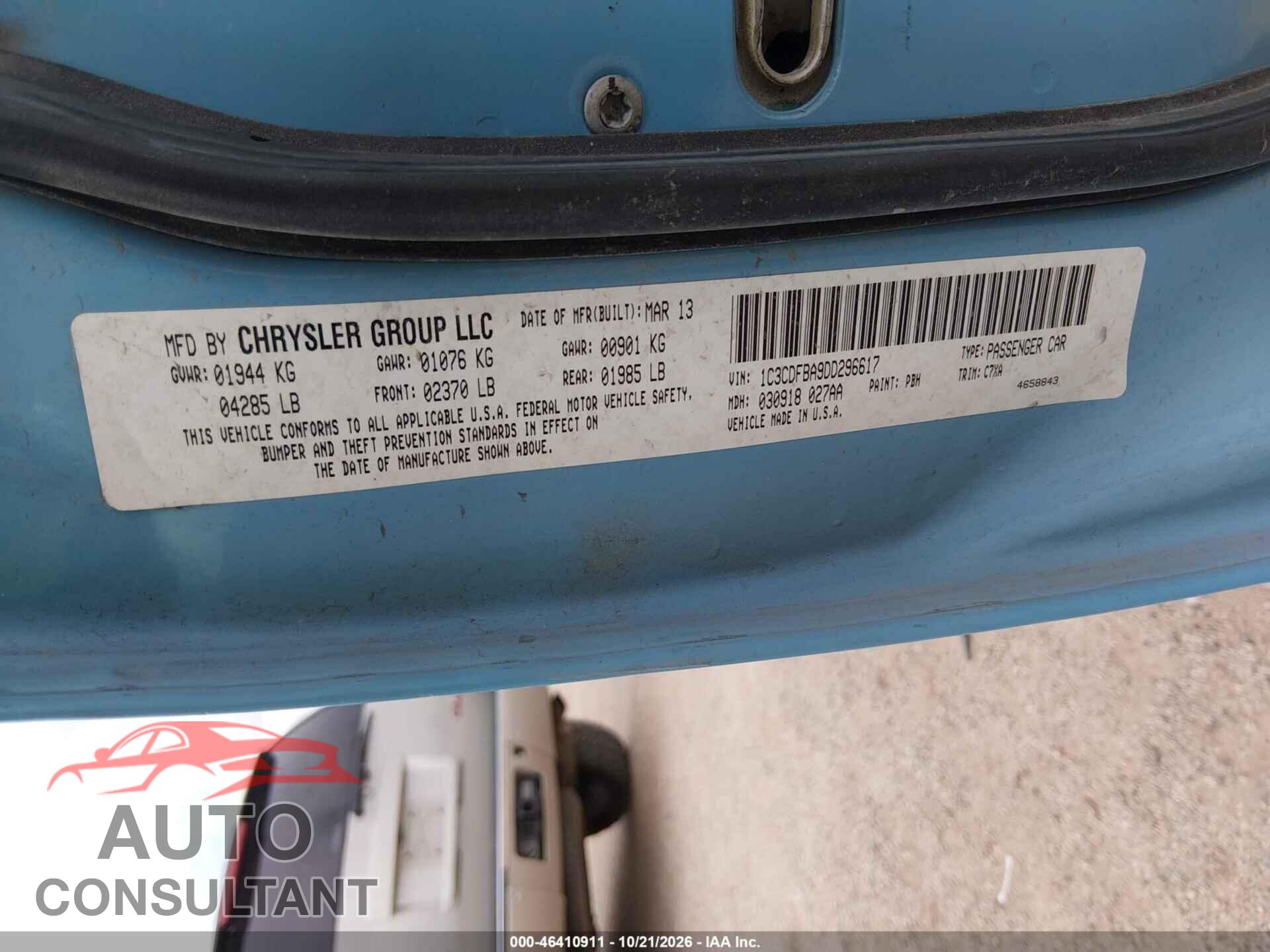 DODGE DART 2013 - 1C3CDFBA9DD296617