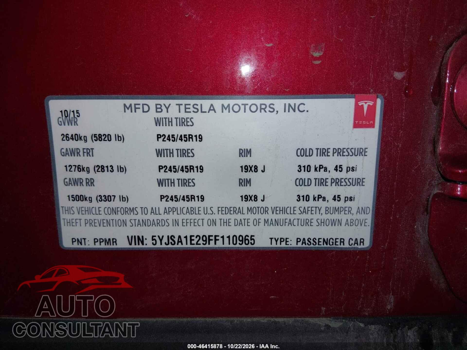 TESLA MODEL S 2015 - 5YJSA1E29FF110965