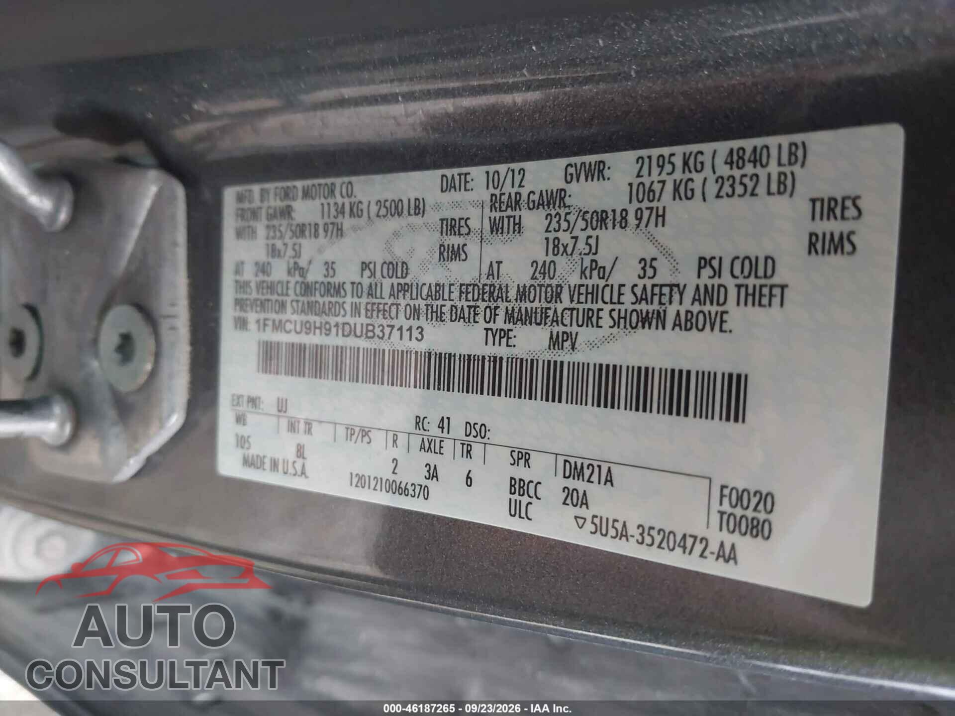 FORD ESCAPE 2013 - 1FMCU9H91DUB37113