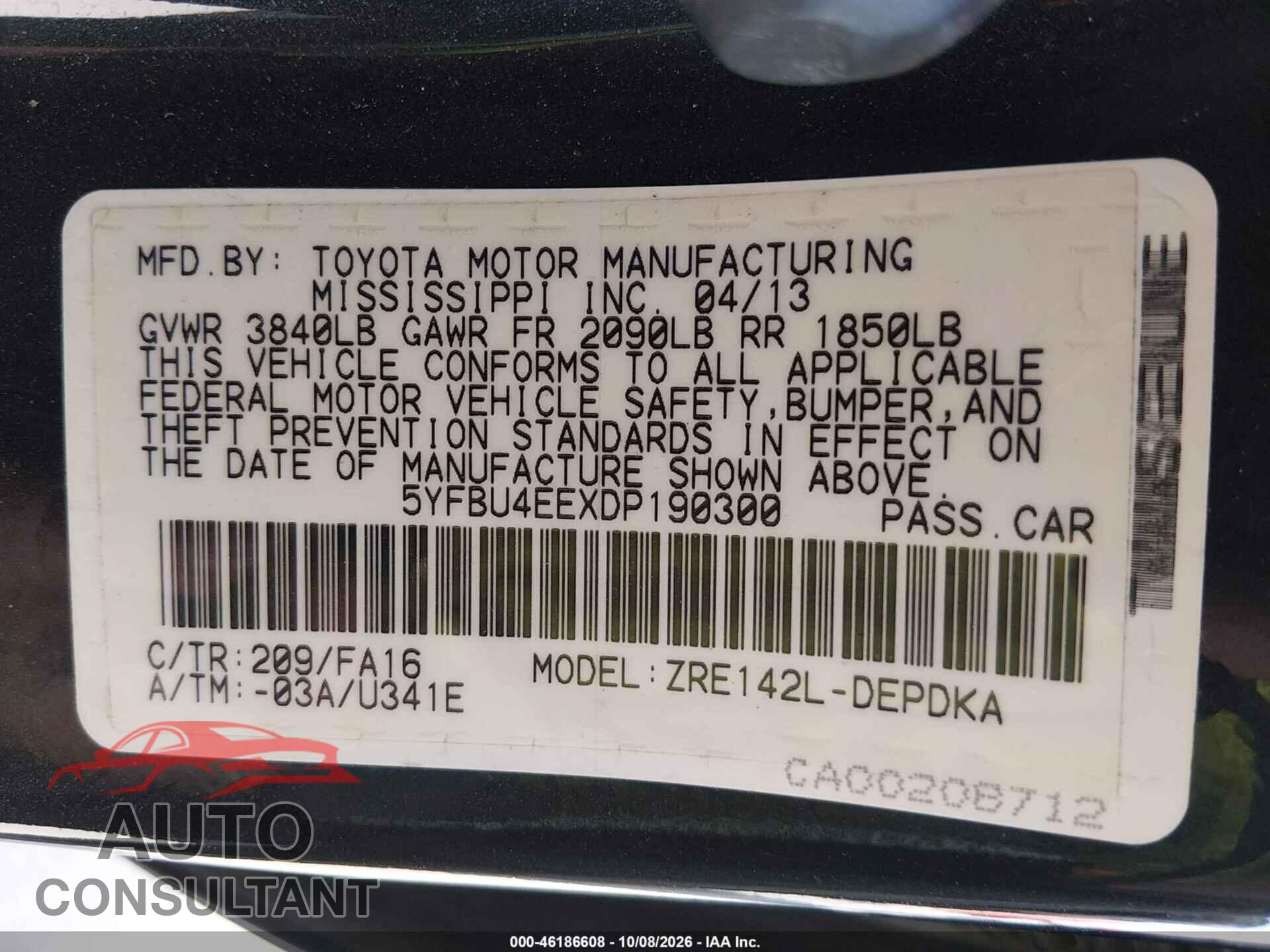 TOYOTA COROLLA 2013 - 5YFBU4EEXDP190300