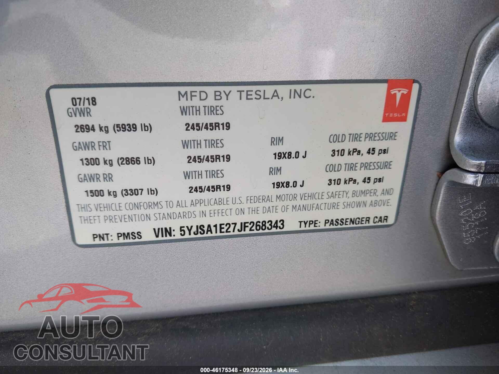 TESLA MODEL S 2018 - 5YJSA1E27JF268343