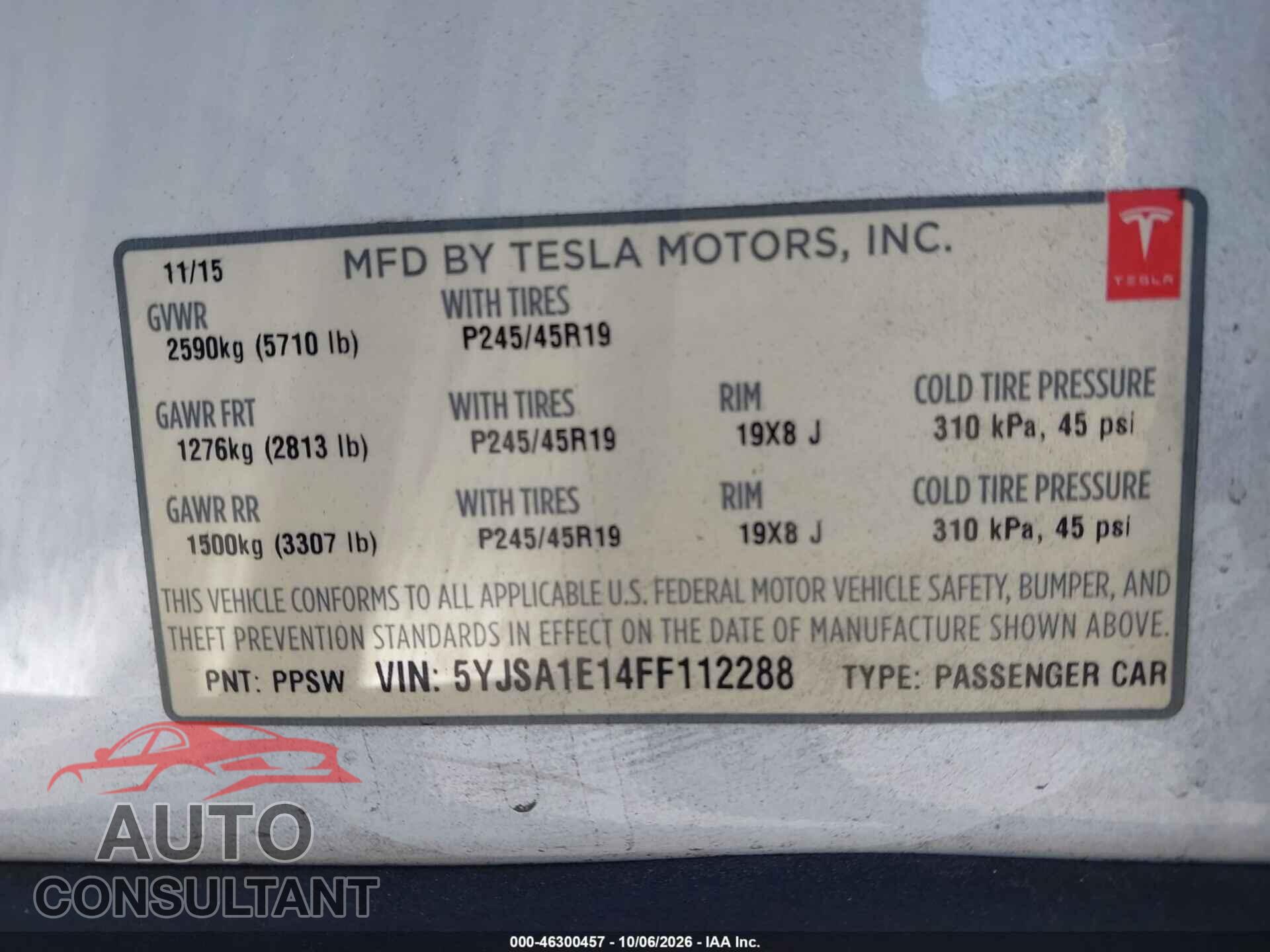 TESLA MODEL S 2015 - 5YJSA1E14FF112288