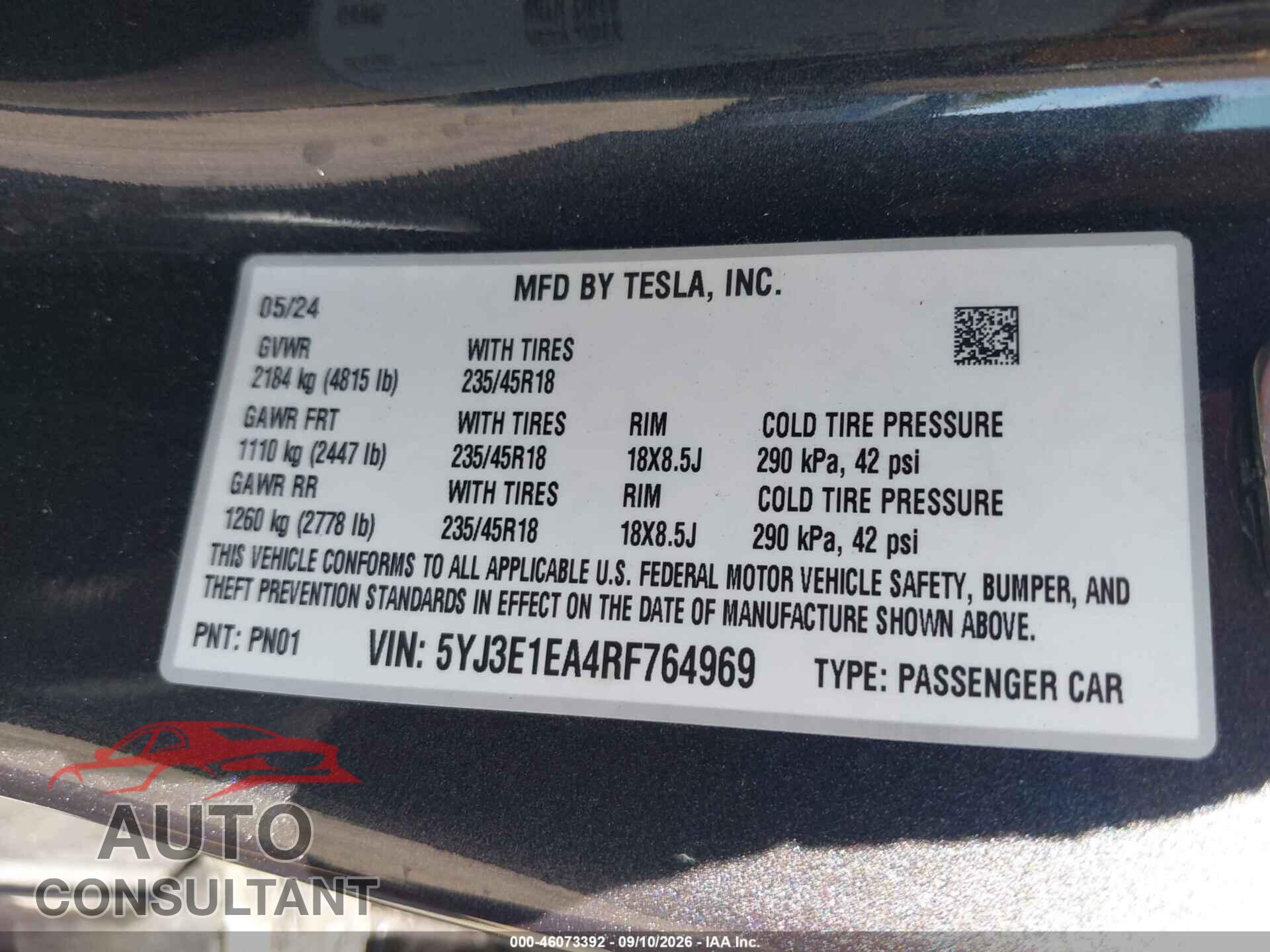 TESLA MODEL 3 2024 - 5YJ3E1EA4RF764969