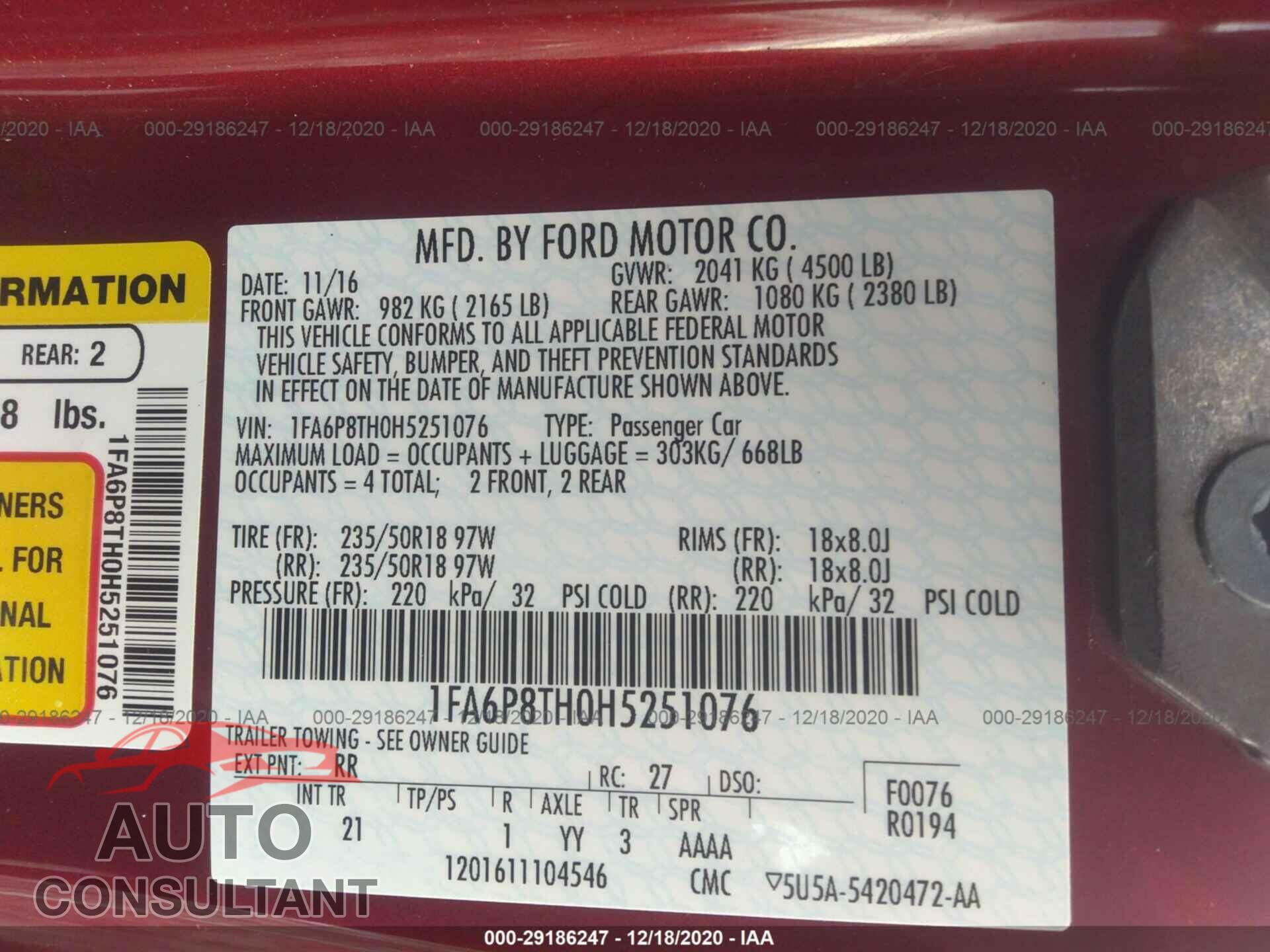 FORD MUSTANG 2017 - 1FA6P8TH0H5251076