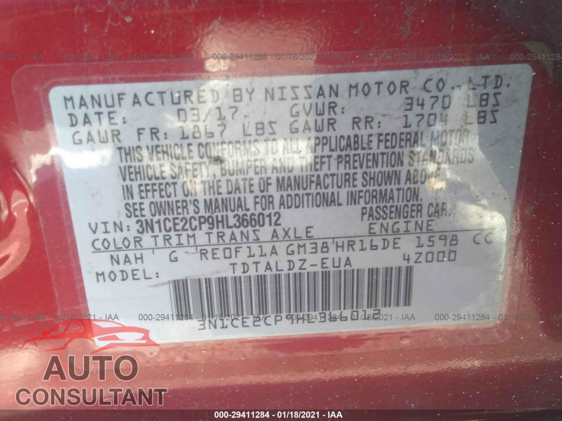 NISSAN VERSA NOTE 2017 - 3N1CE2CP9HL366012