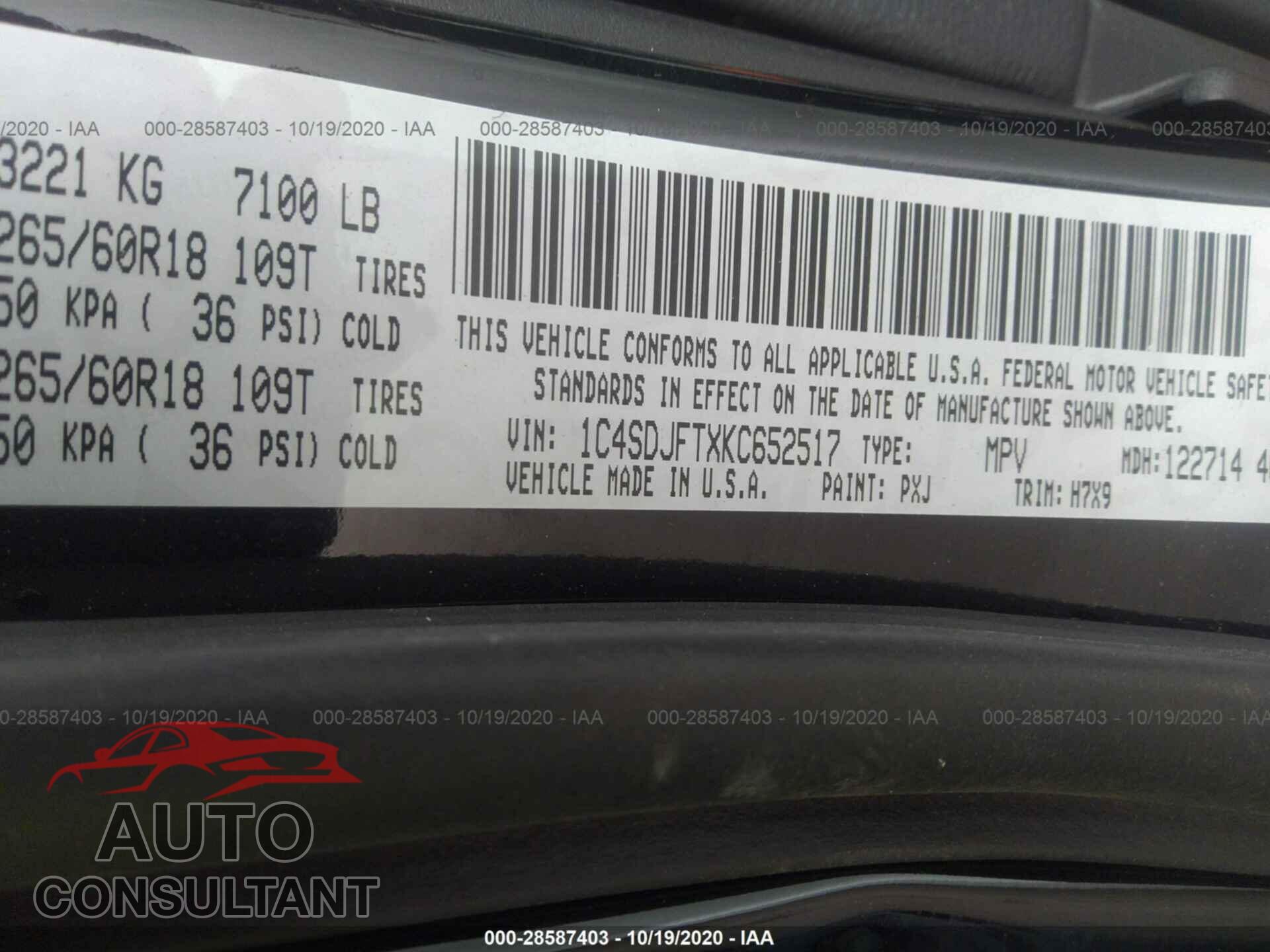 DODGE DURANGO 2019 - 1C4SDJFTXKC652517