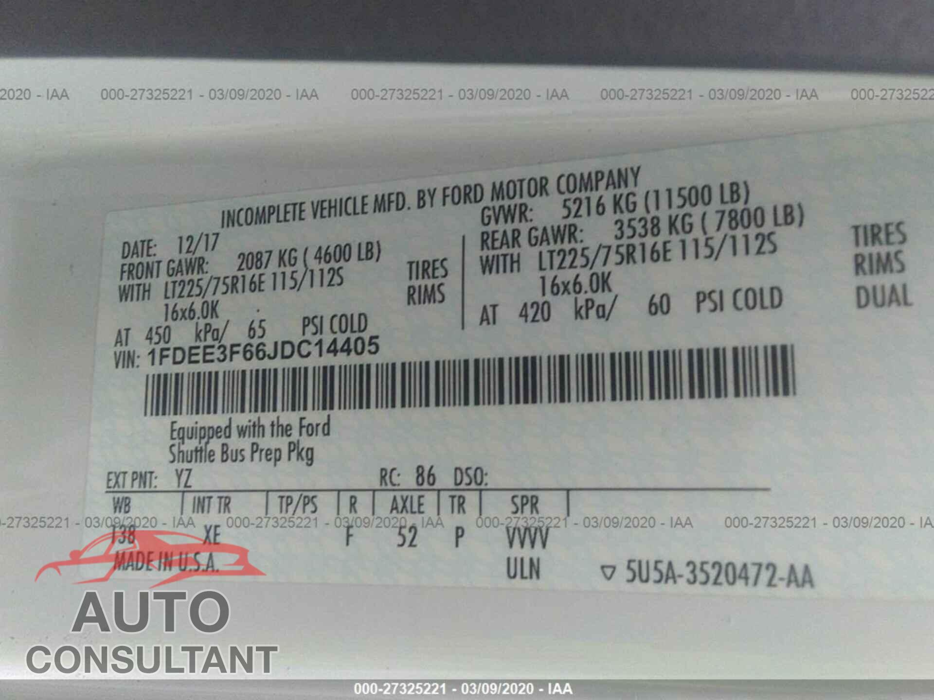 FORD E-SERIES CUTAWAY 2018 - 1FDEE3F66JDC14405
