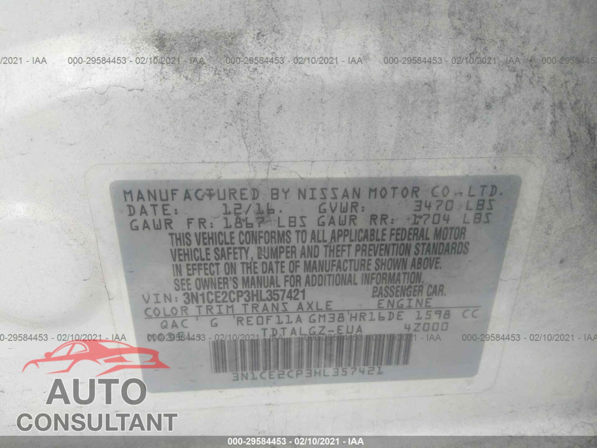 NISSAN VERSA NOTE 2017 - 3N1CE2CP3HL357421