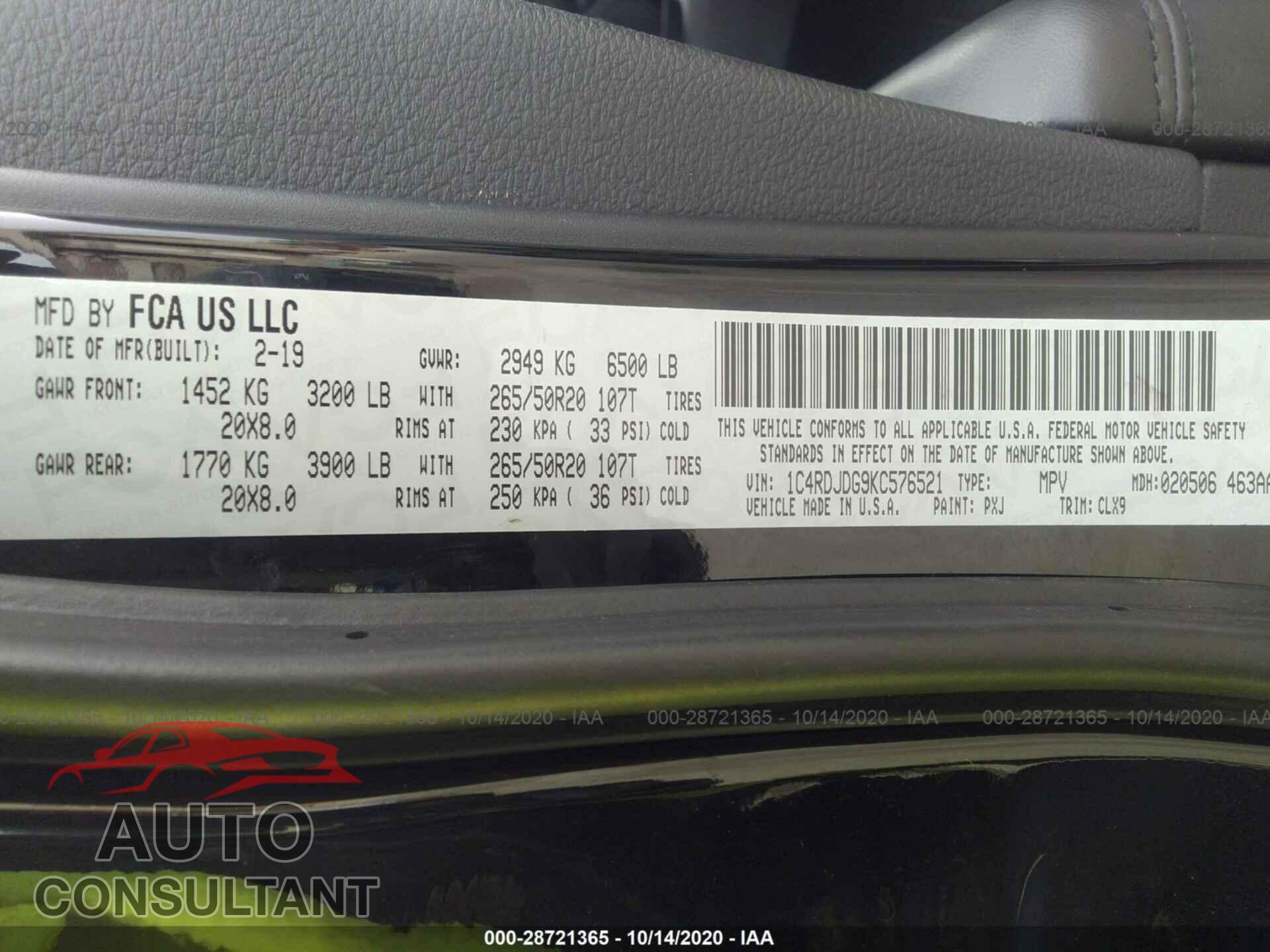 DODGE DURANGO 2019 - 1C4RDJDG9KC576521
