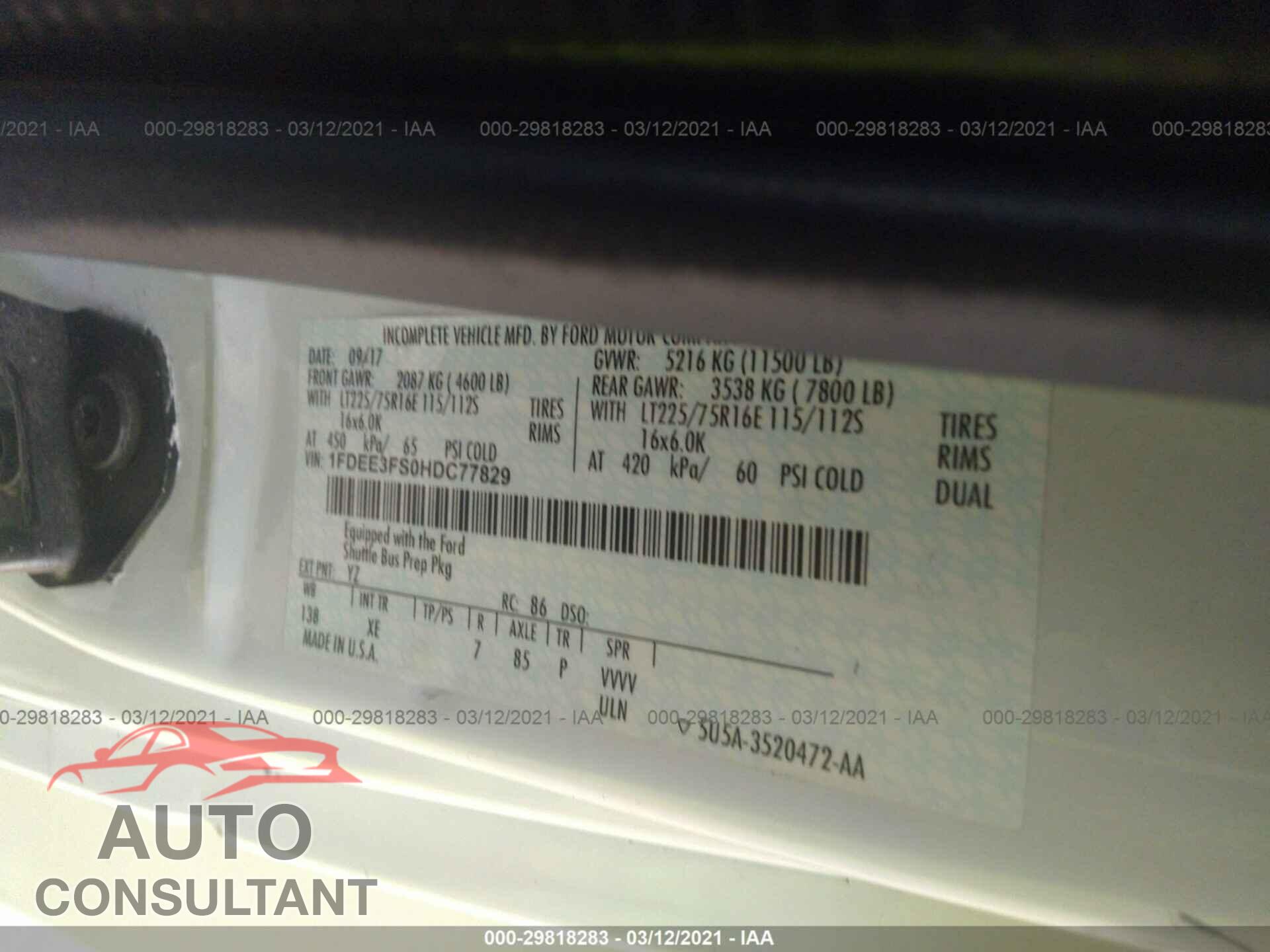 FORD E-SERIES CUTAWAY 2017 - 1FDEE3FS0HDC77829