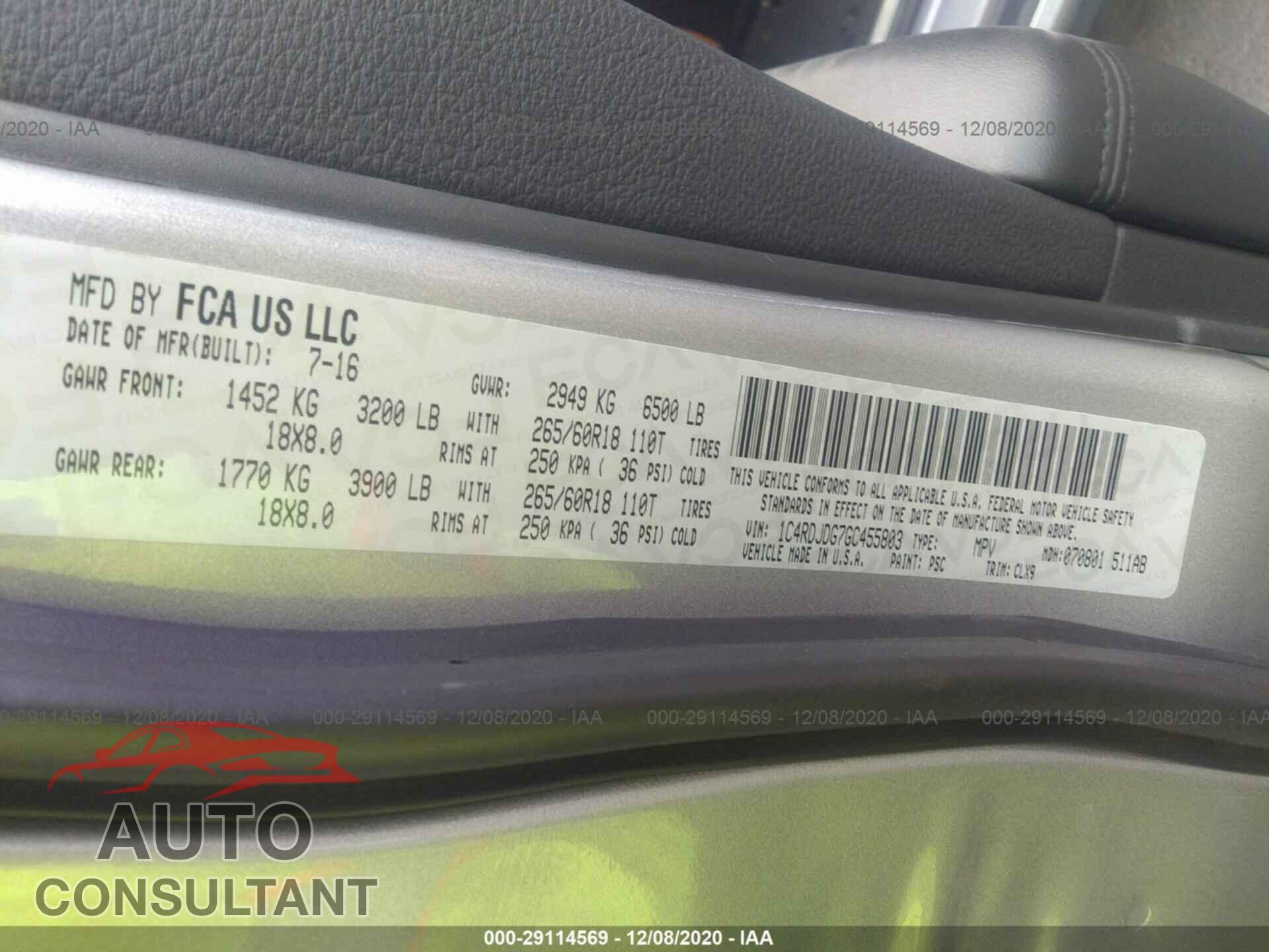 DODGE DURANGO 2016 - 1C4RDJDG7GC455803