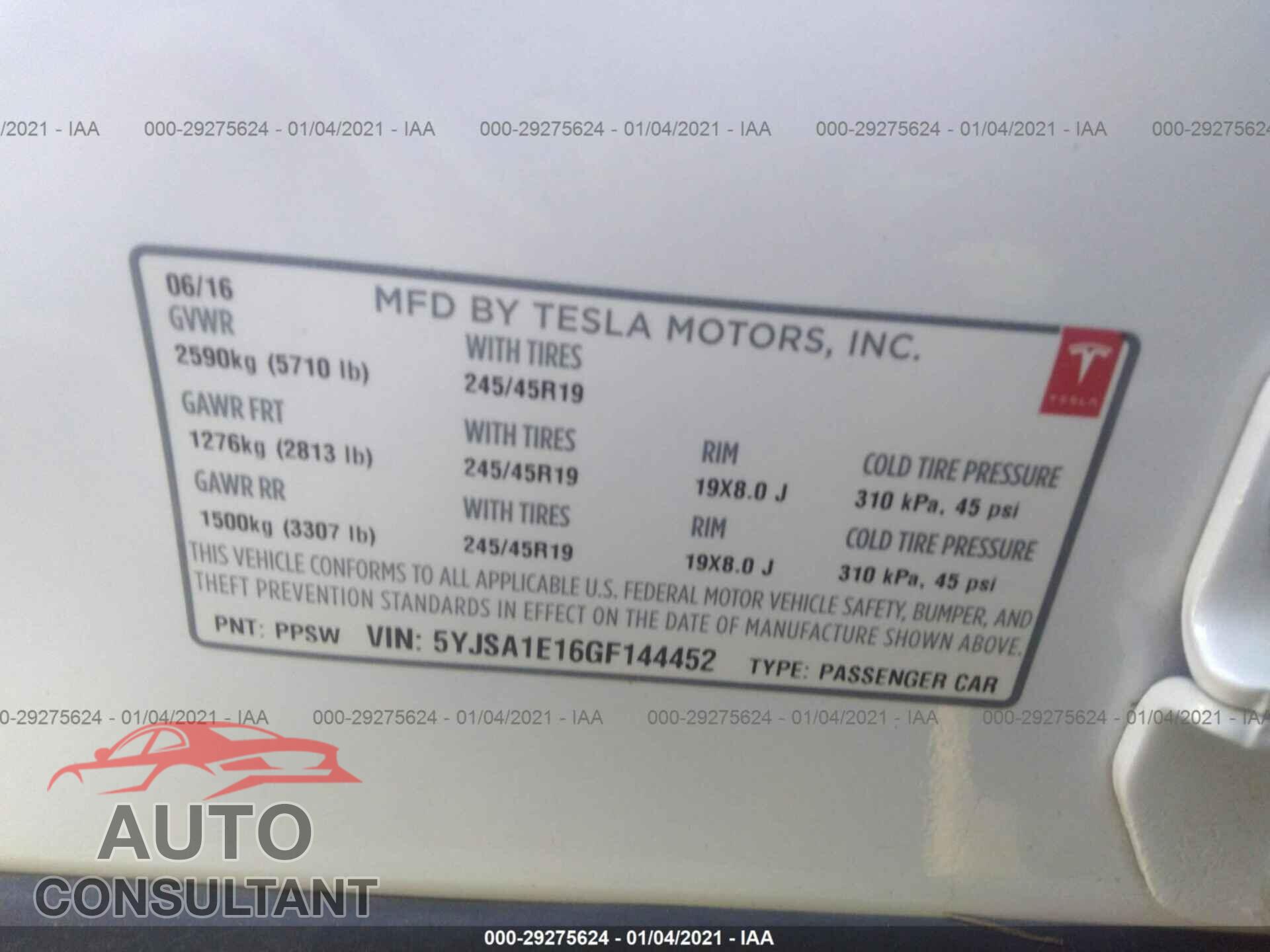 TESLA MODEL S 2016 - 5YJSA1E16GF144452