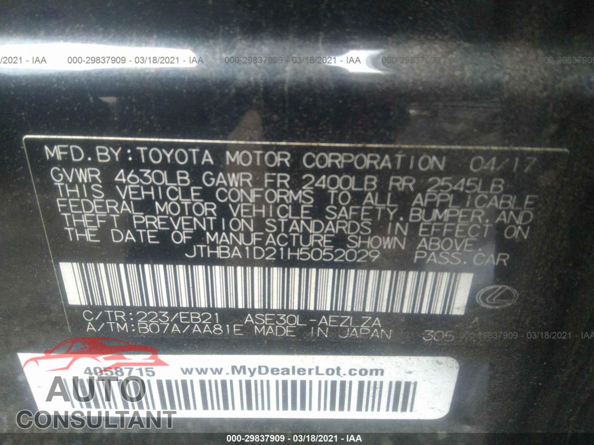 LEXUS IS 2017 - JTHBA1D21H5052029