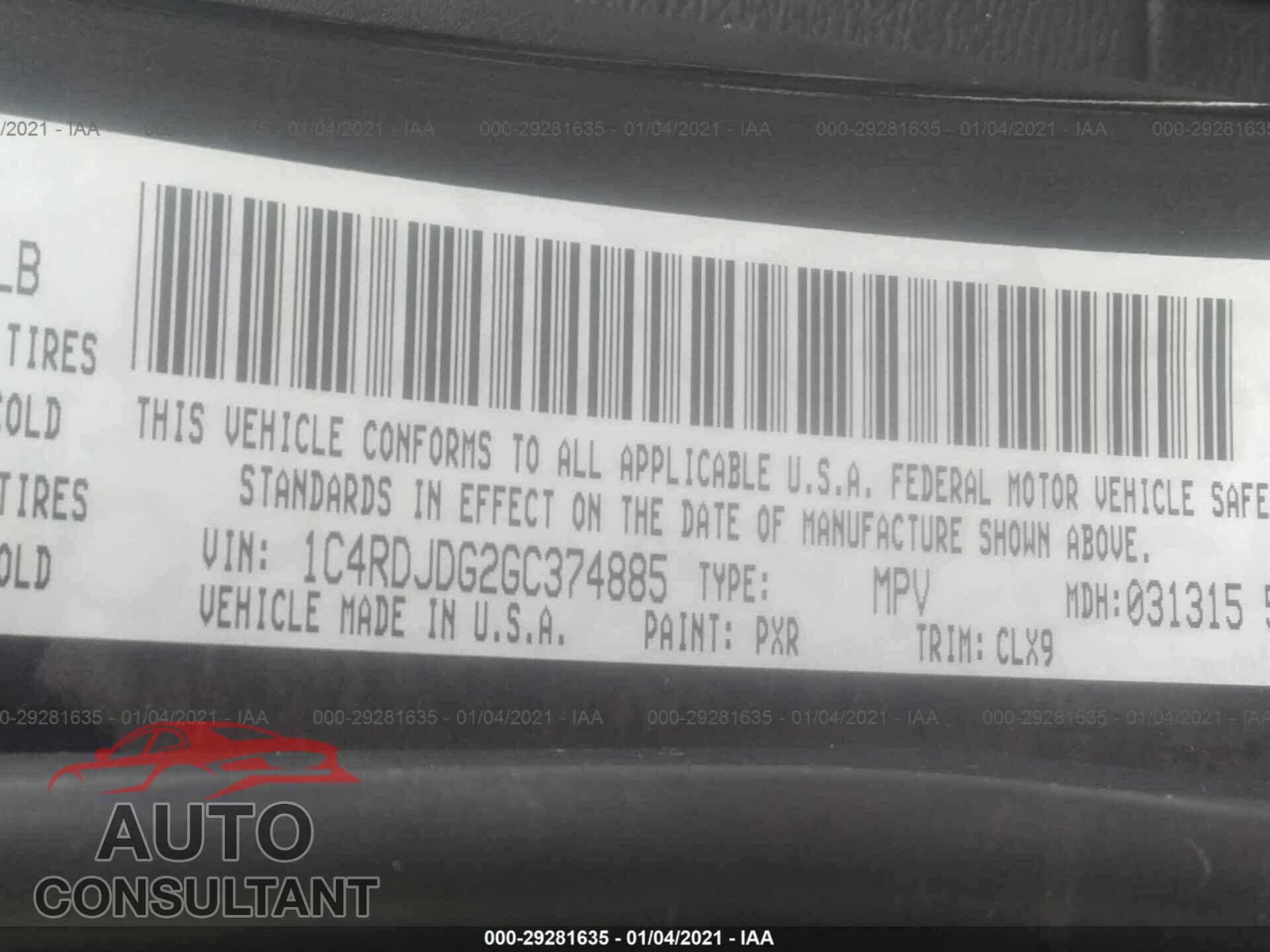DODGE DURANGO 2016 - 1C4RDJDG2GC374885
