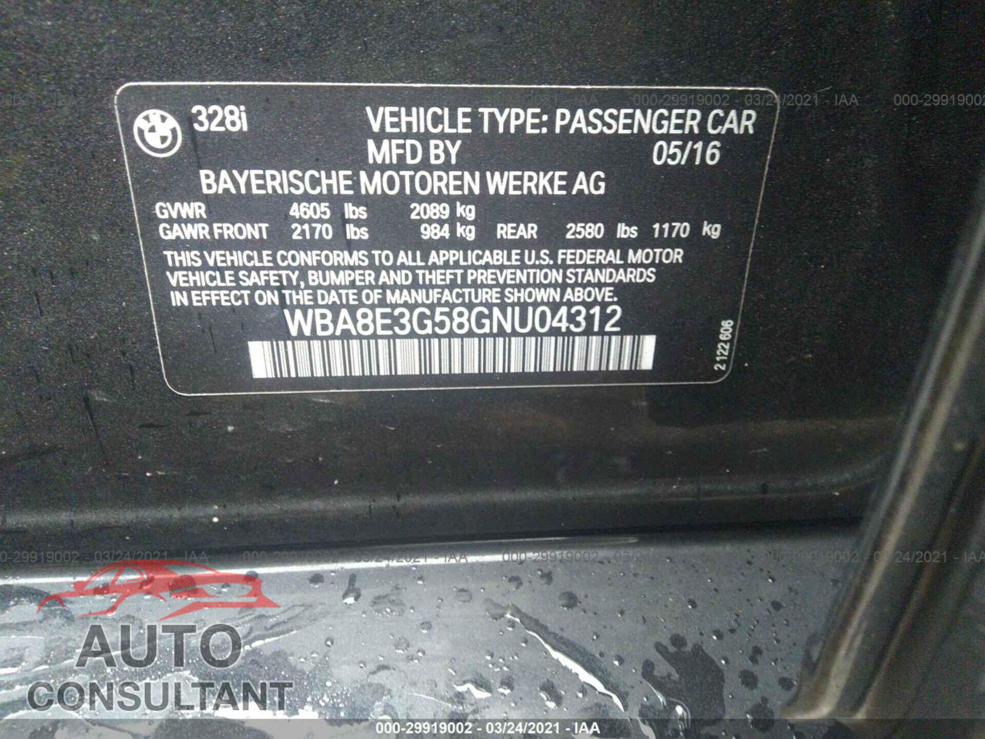 BMW 3 SERIES 2016 - WBA8E3G58GNU04312