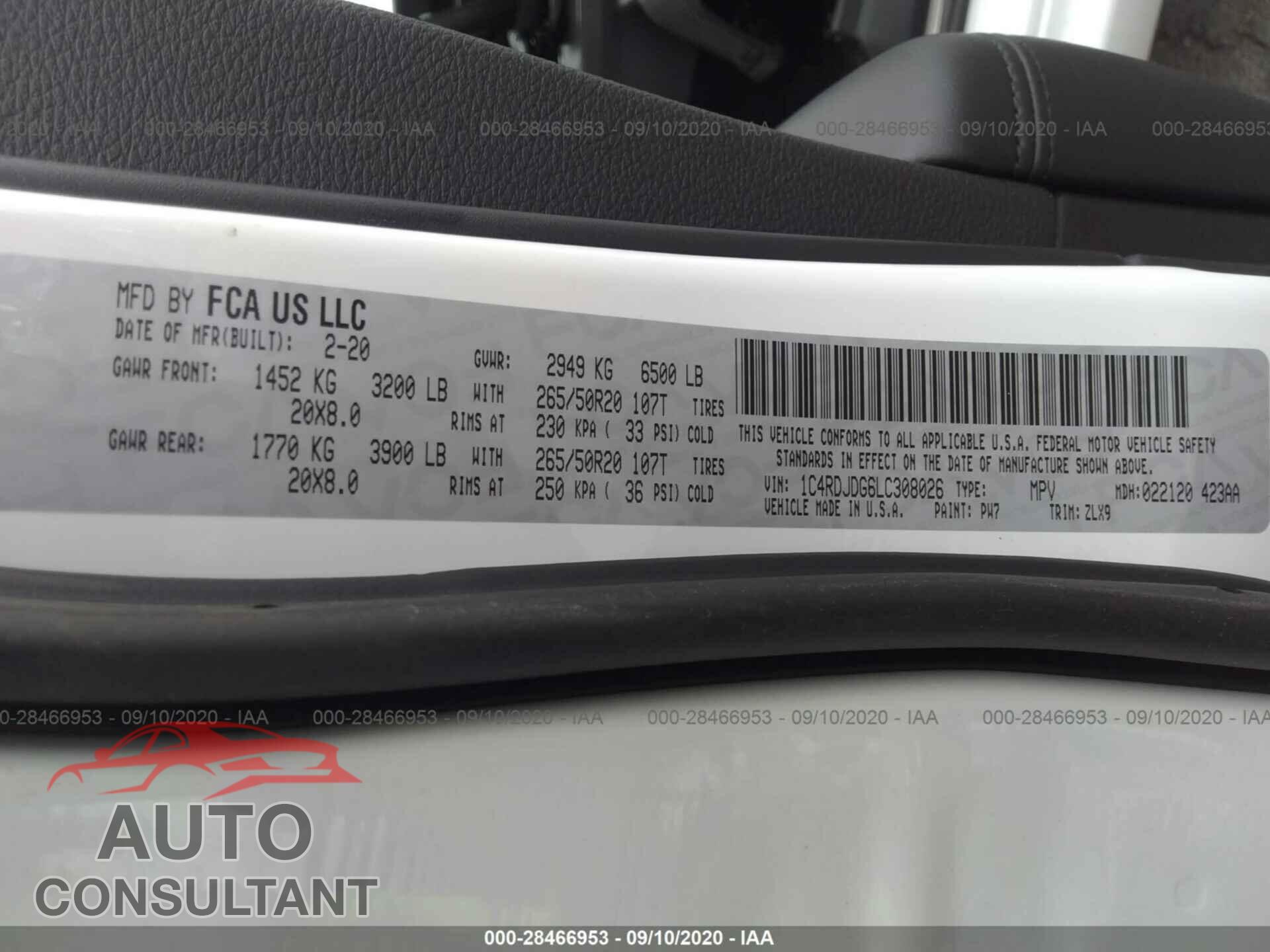 DODGE DURANGO 2020 - 1C4RDJDG6LC308026