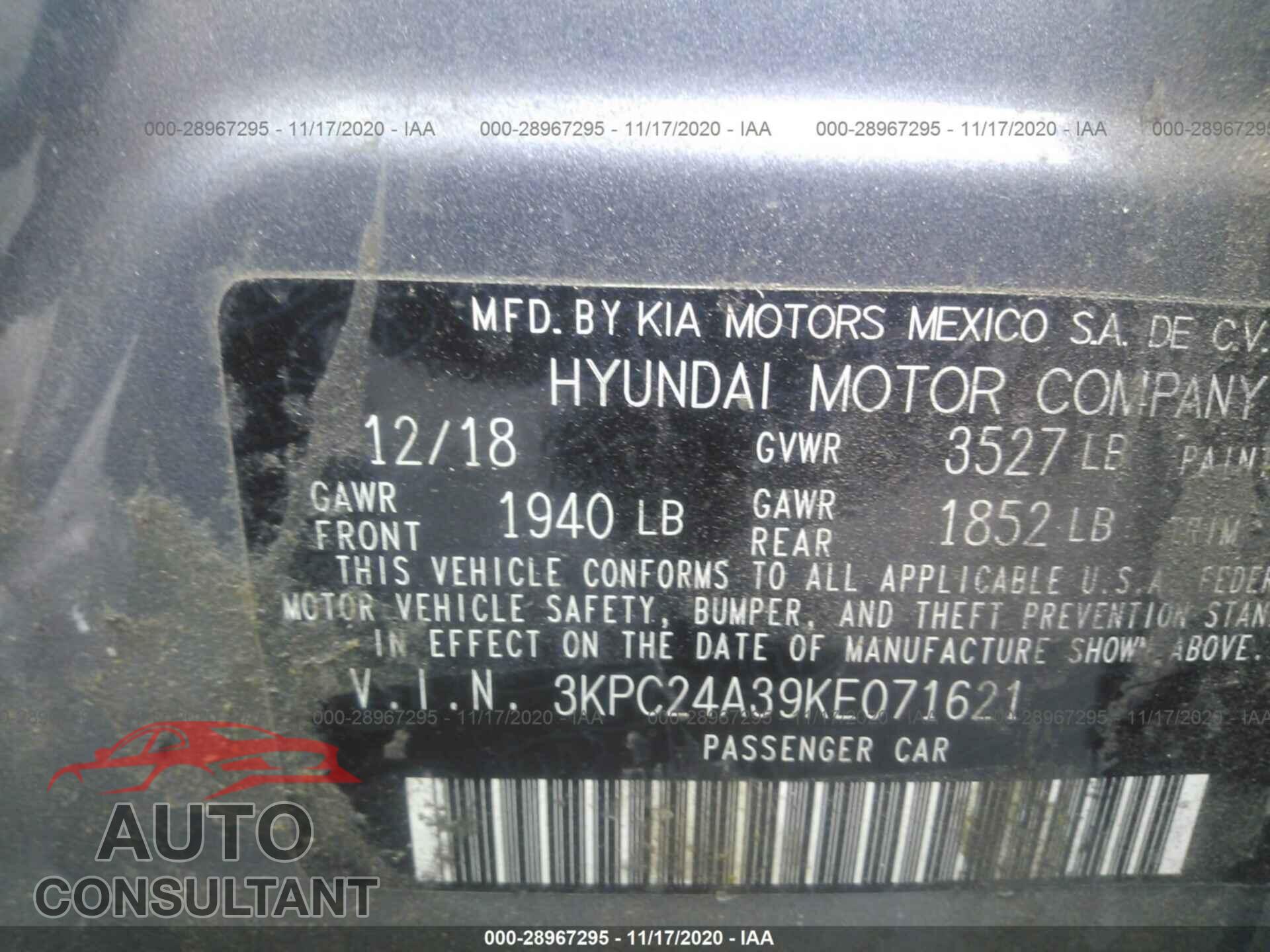 HYUNDAI ACCENT 2019 - 3KPC24A39KE071621