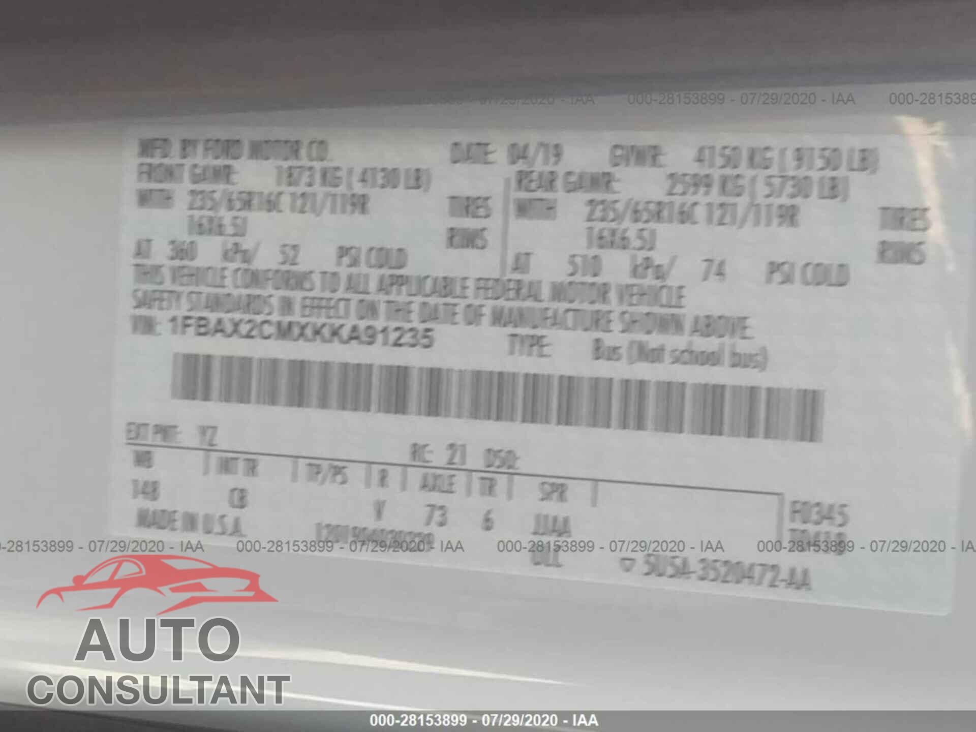 FORD TRANSIT 2019 - 1FBAX2CMXKKA91235