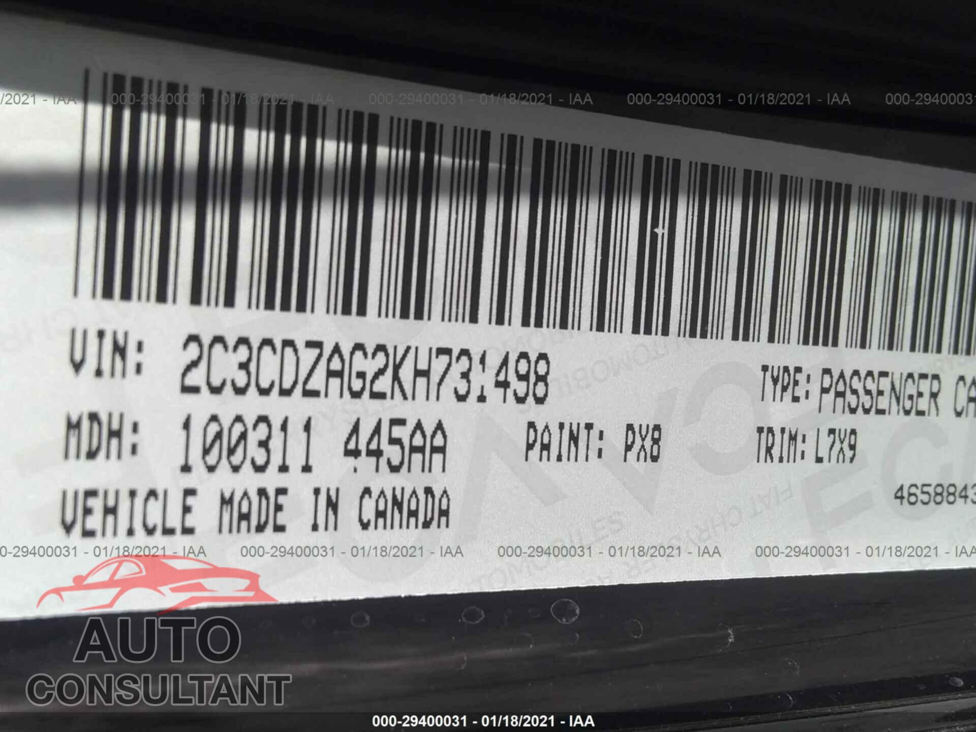 DODGE CHALLENGER 2019 - 2C3CDZAG2KH731498