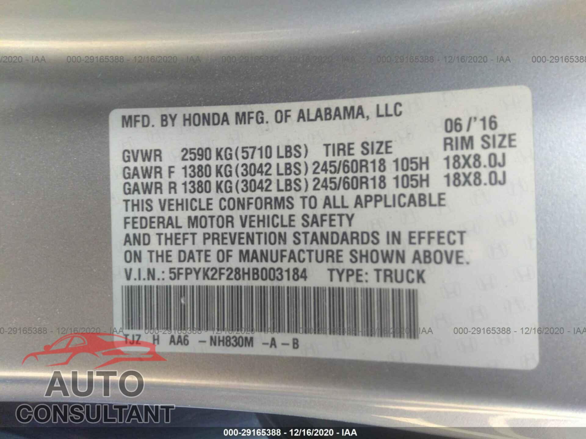 HONDA RIDGELINE 2017 - 5FPYK2F28HB003184