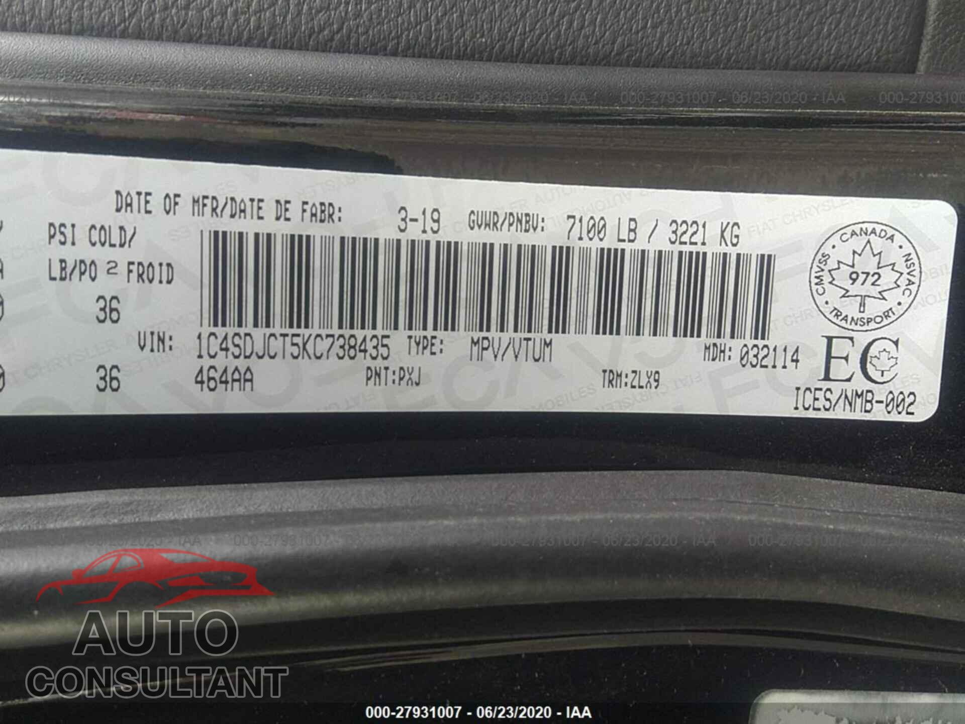 DODGE DURANGO 2019 - 1C4SDJCT5KC738435