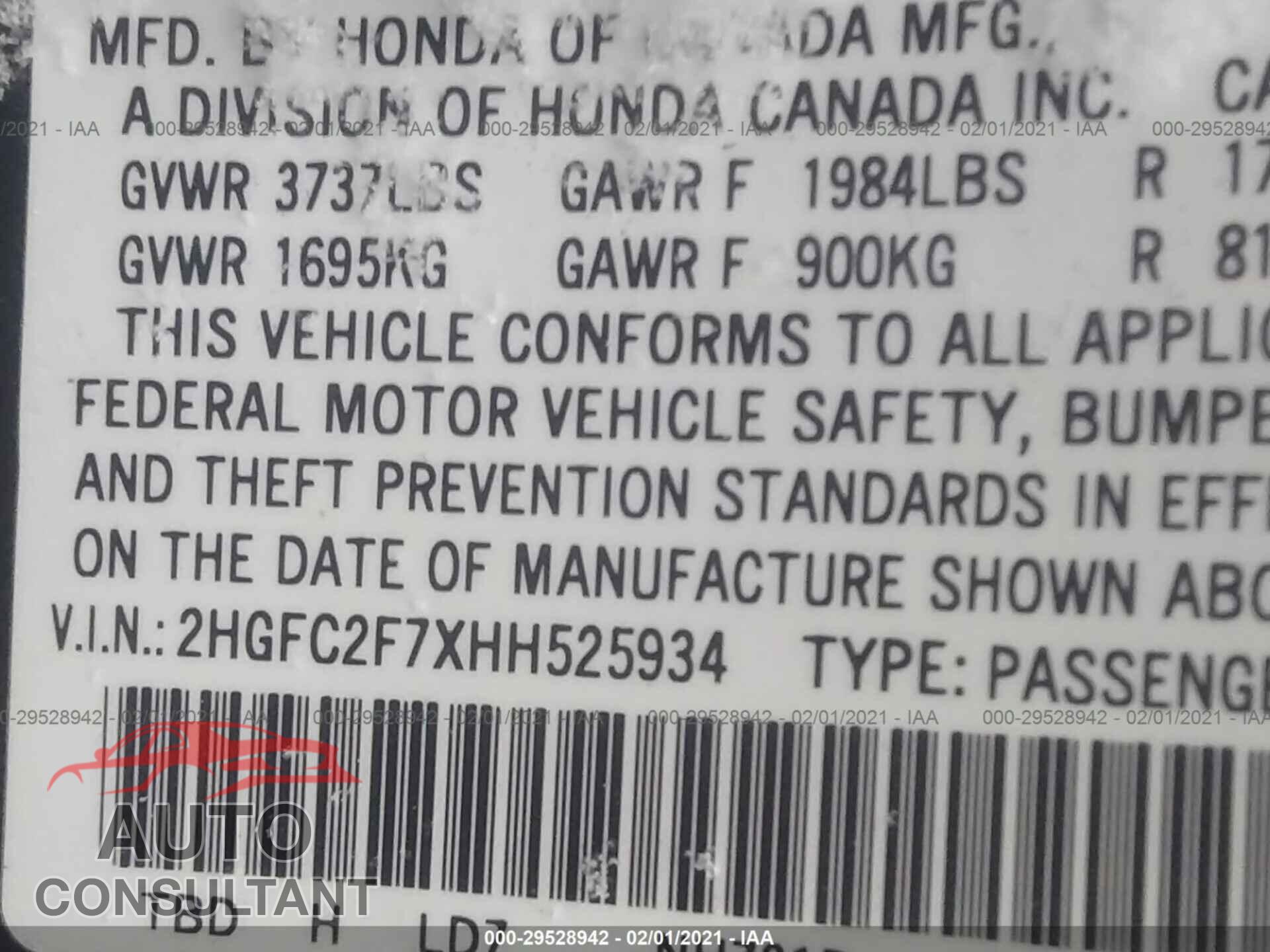 HONDA CIVIC SEDAN 2017 - 2HGFC2F7XHH525934