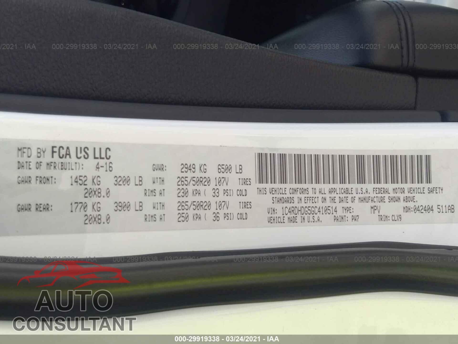 DODGE DURANGO 2016 - 1C4RDHDG5GC410514