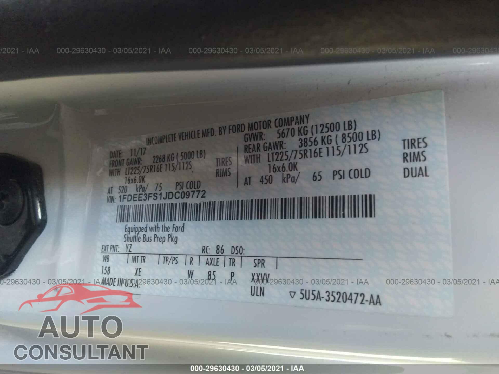 FORD E-SERIES CUTAWAY 2018 - 1FDEE3FS1JDC09772