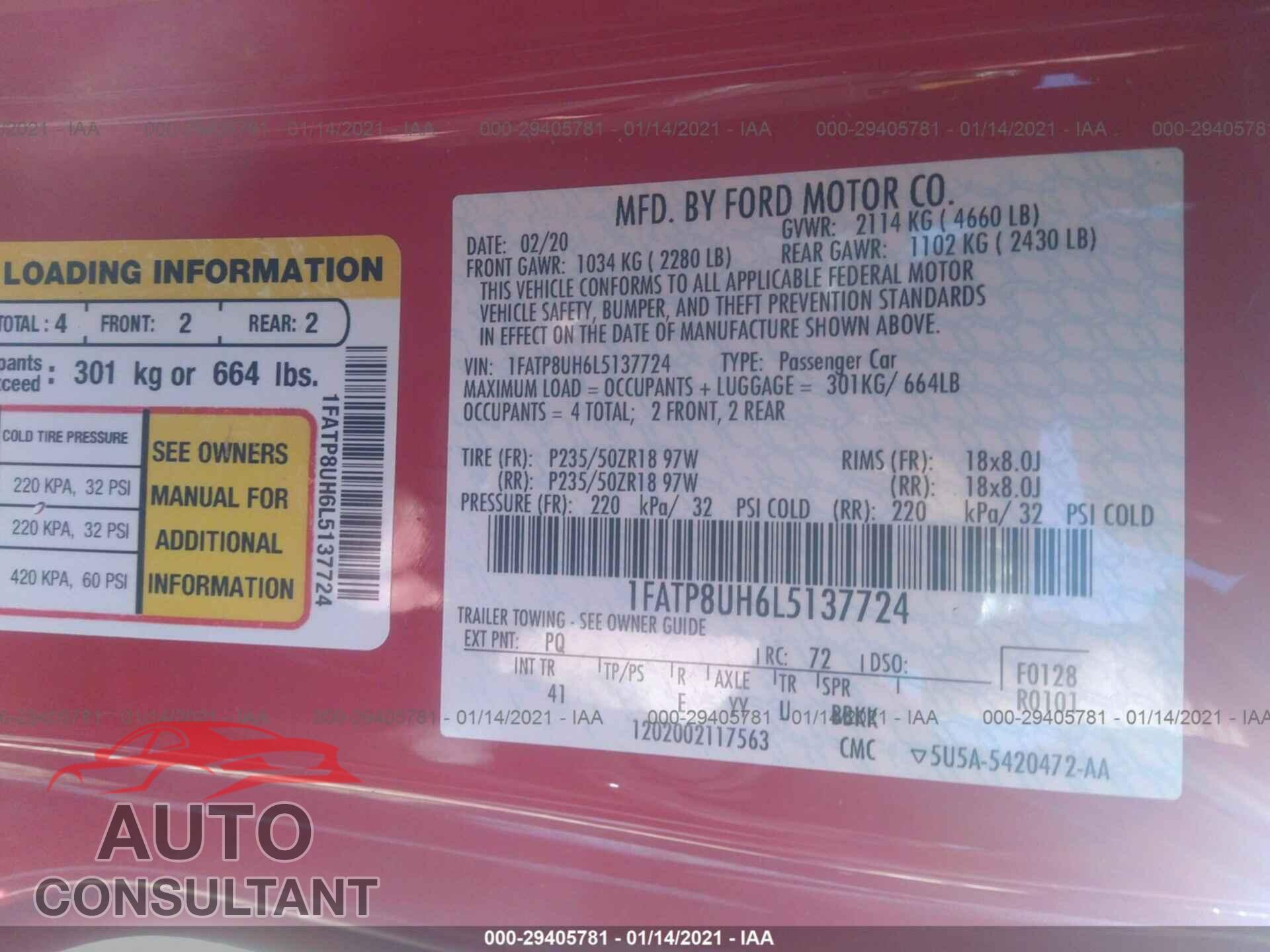 FORD MUSTANG 2020 - 1FATP8UH6L5137724
