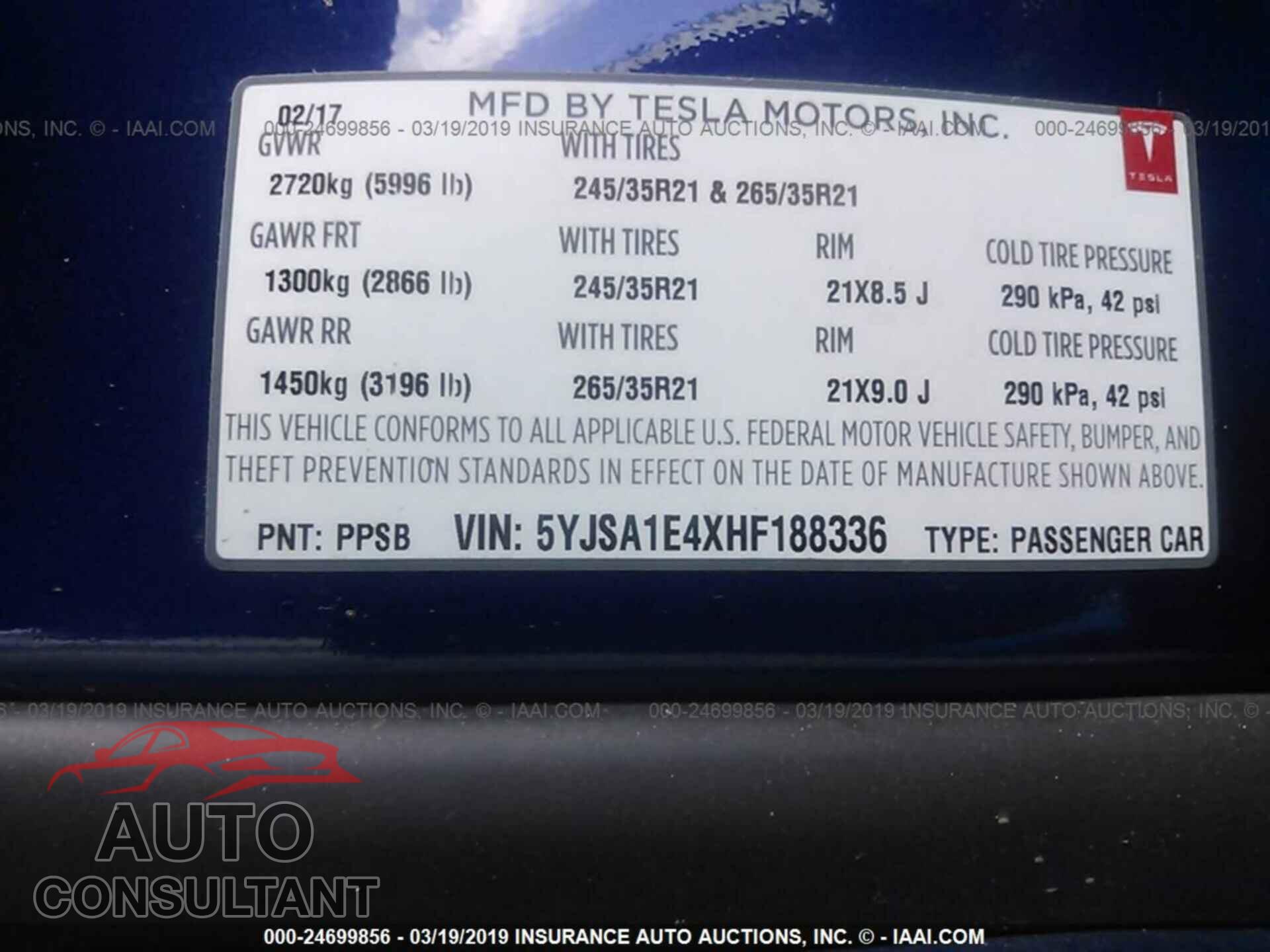 TESLA MODEL S 2017 - 5YJSA1E4XHF188336