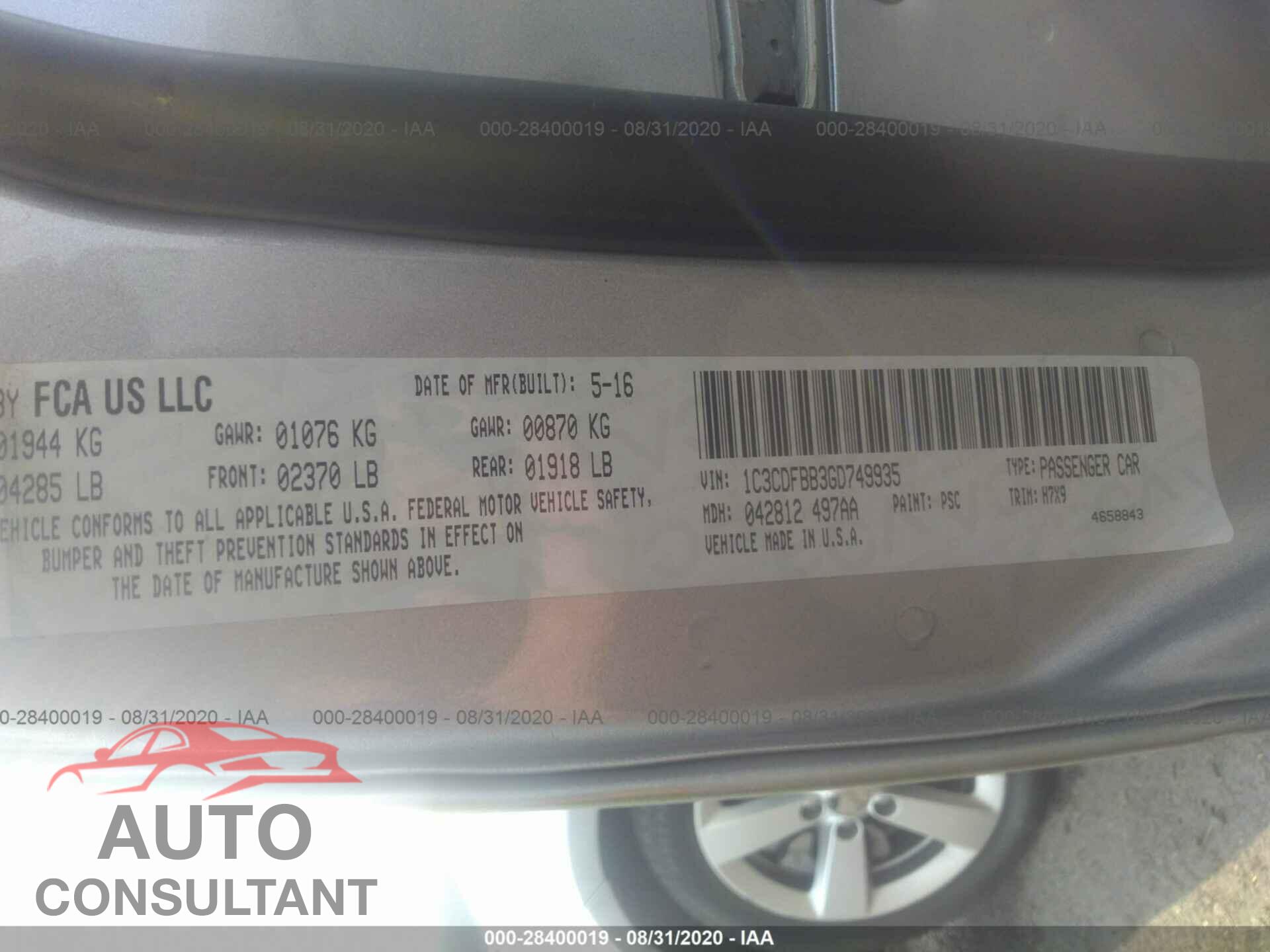 DODGE DART 2016 - 1C3CDFBB3GD749935